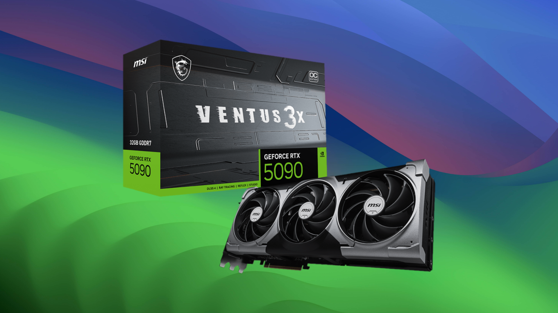 An image of MSI Ventus RTX 5090 OC GPU with box