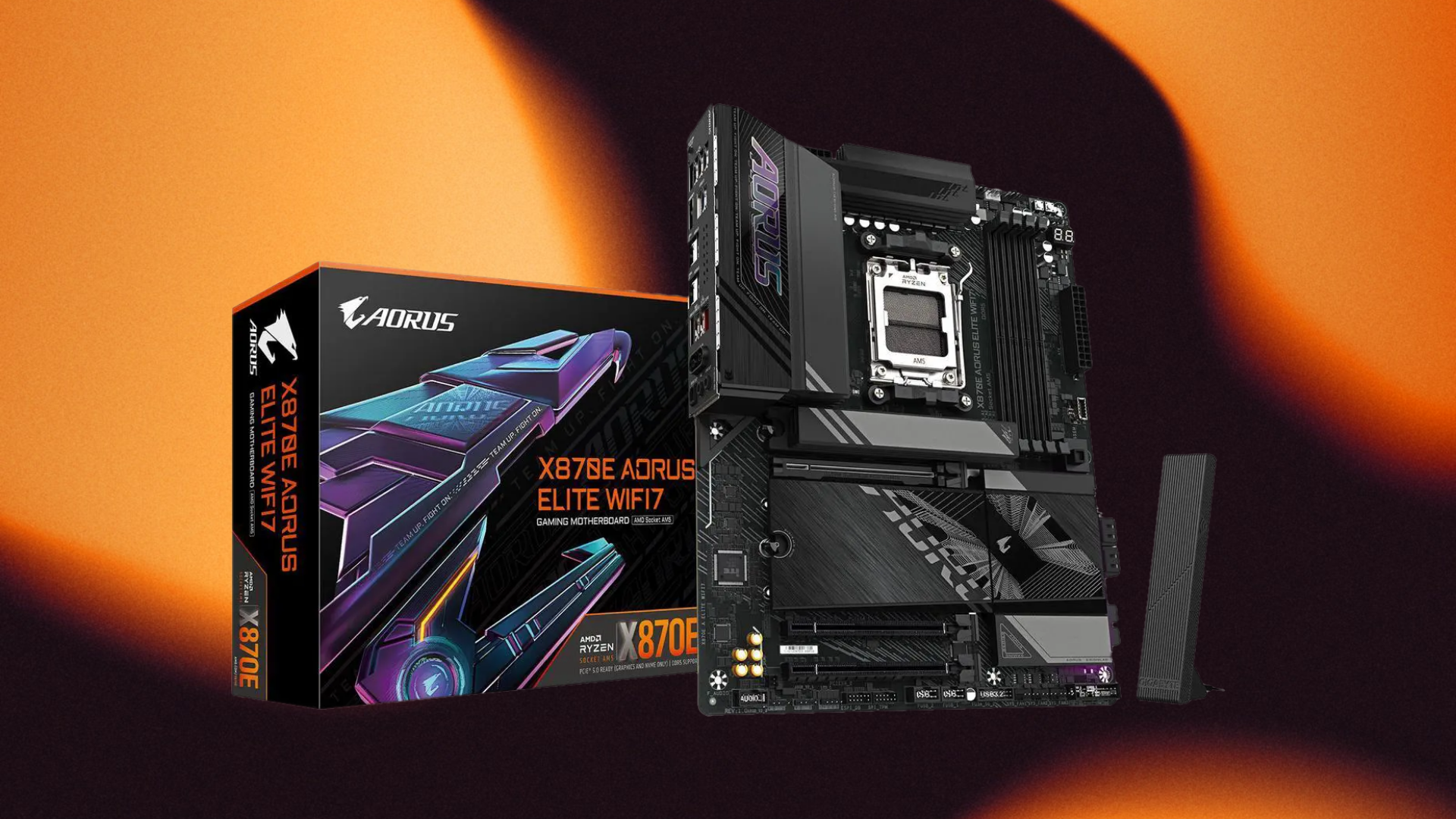 An image of Gigabyte X870E Aorus Elite motherboard with box