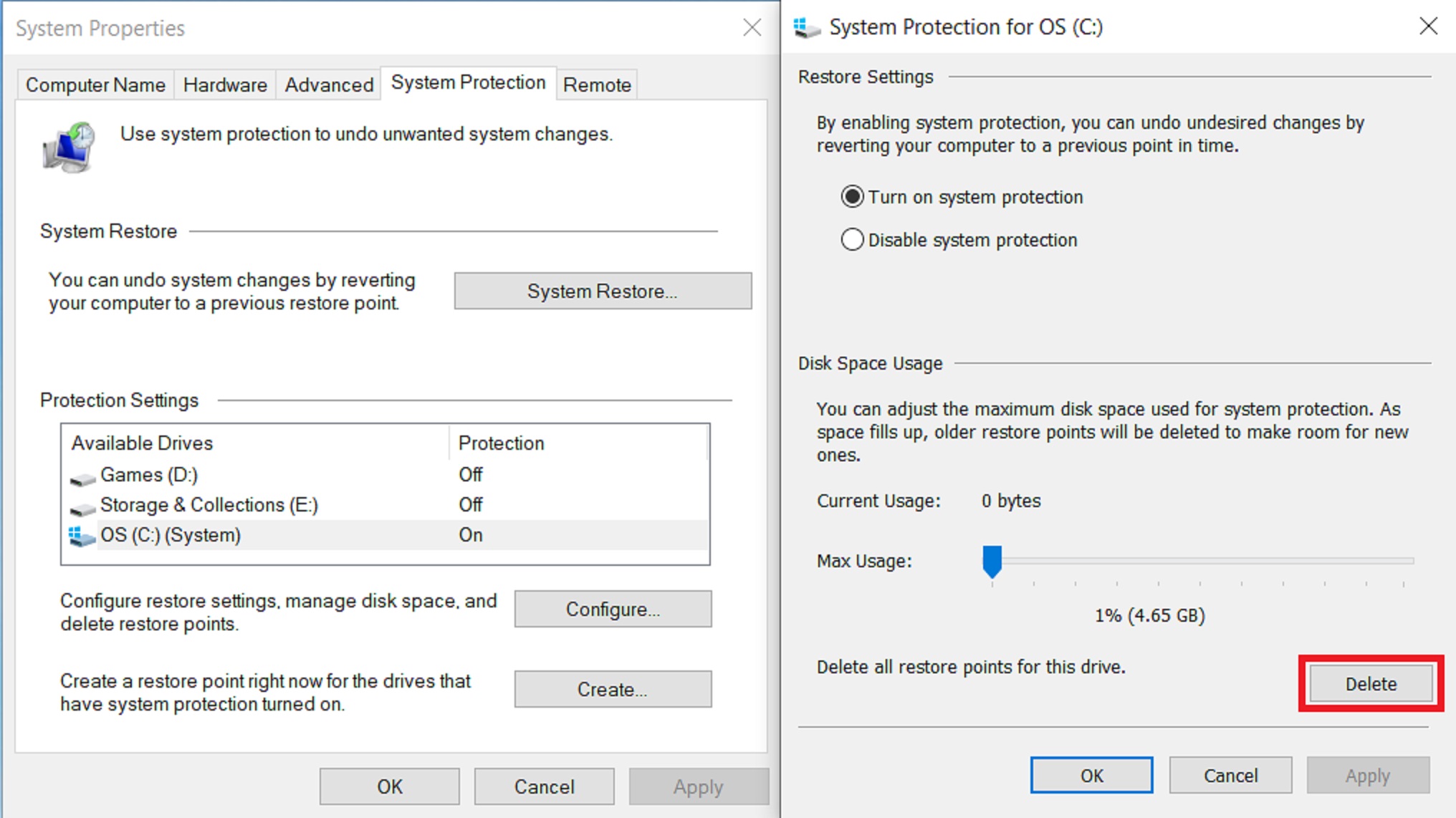 Picture describes how deleting old Restore Points can free up space