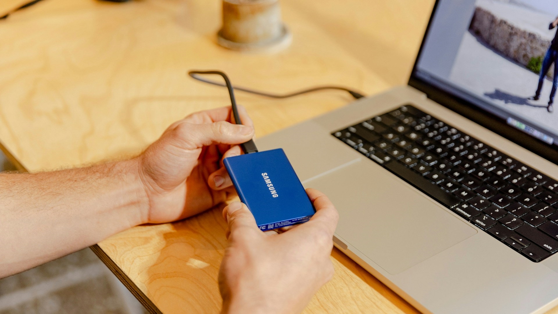 Picture of external SSD connect to a laptop
