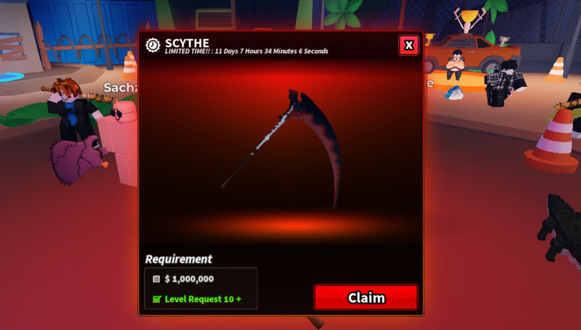 You need $1 million in-game cash to get the Scythe (Image via DZ DEV | Roblox)