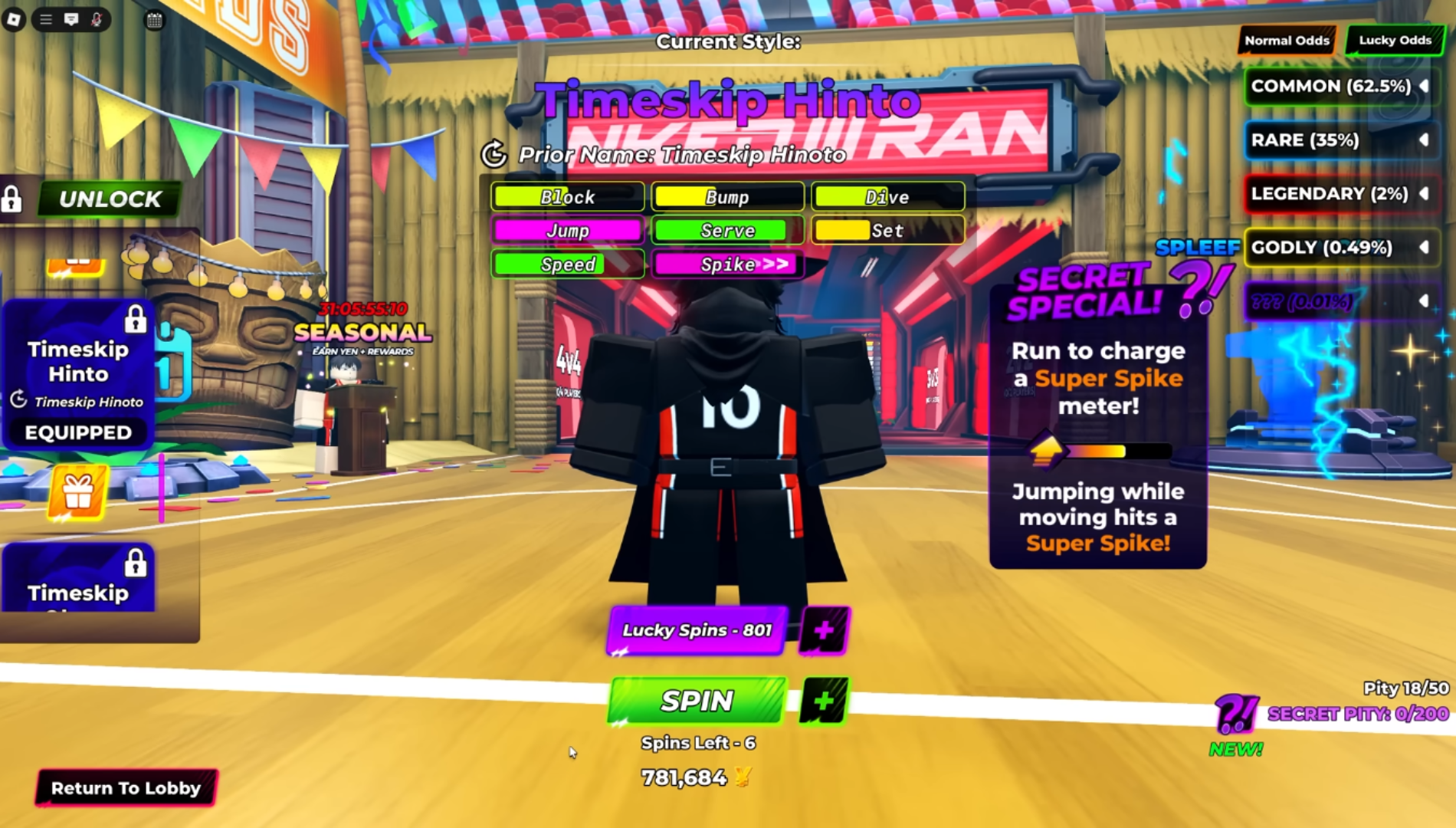 Get the Timeskip Hinto style via the game's spin system (Image via Volleyball Game Group | Roblox)