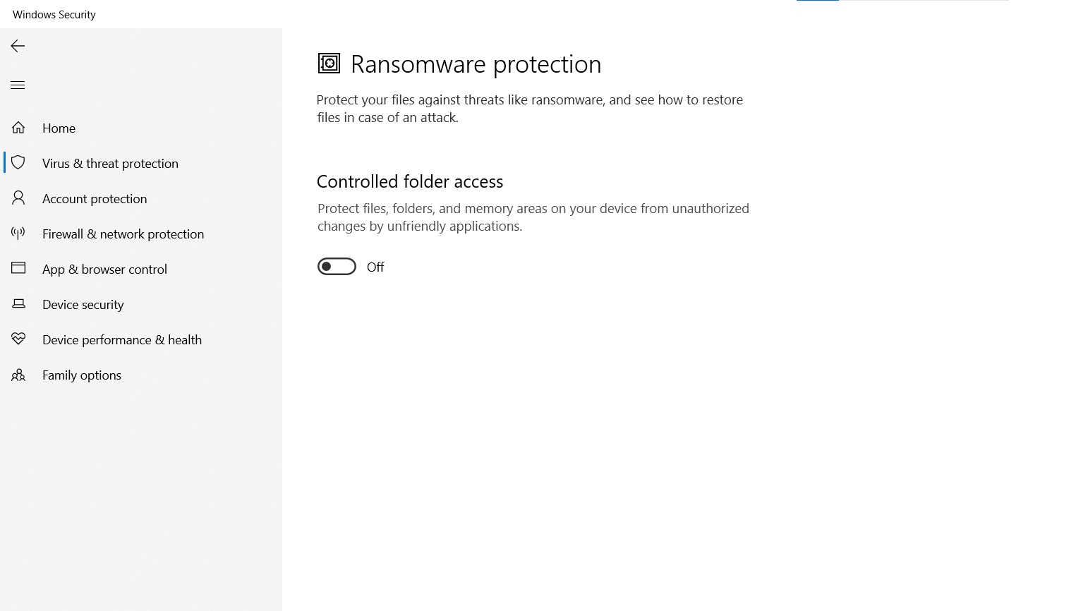 Picture of the "Controlled folder access" Feature in Windows Defender