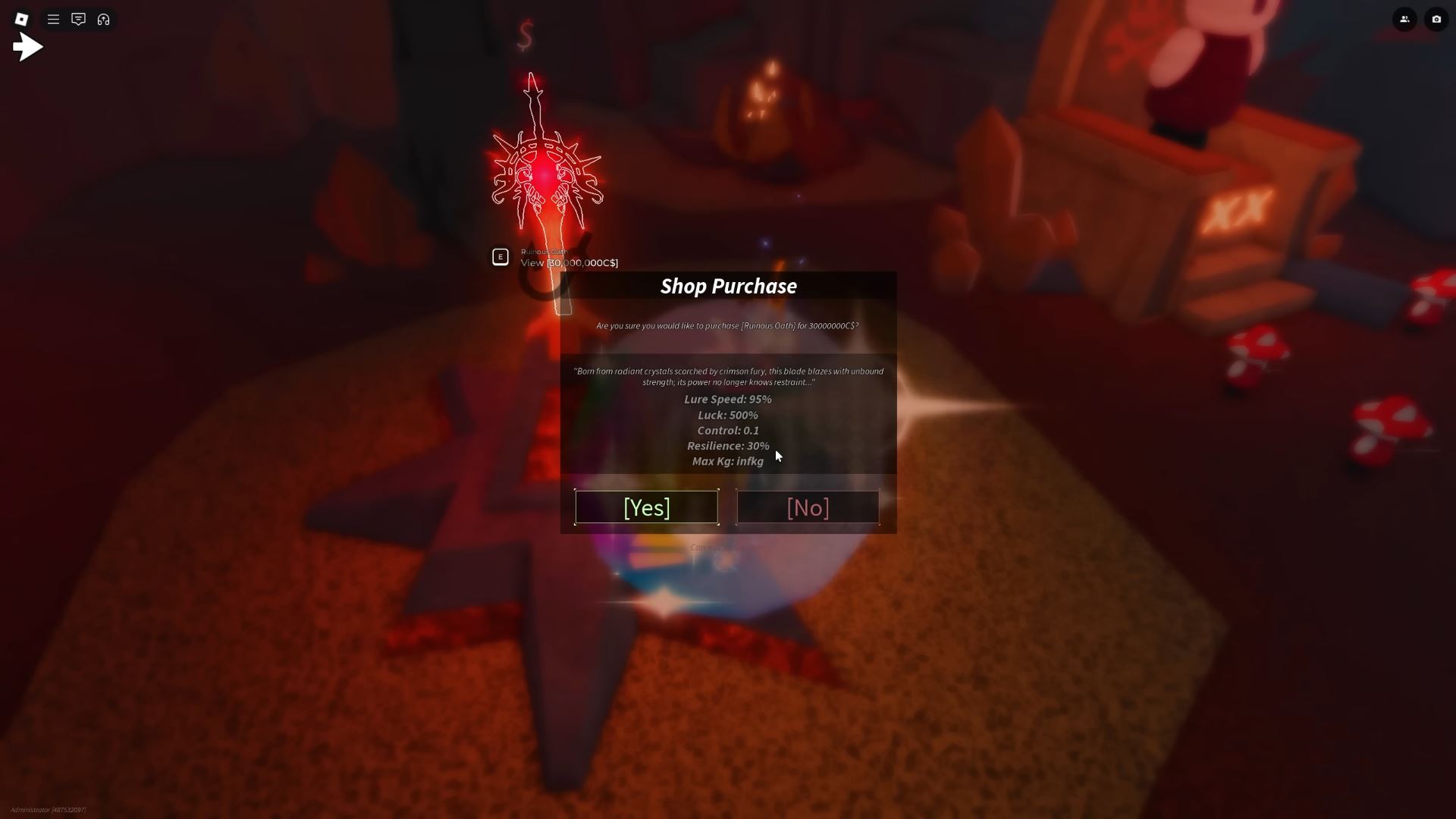 Buying the Ruinous Oath Rod (Image via Roblox Corporation)