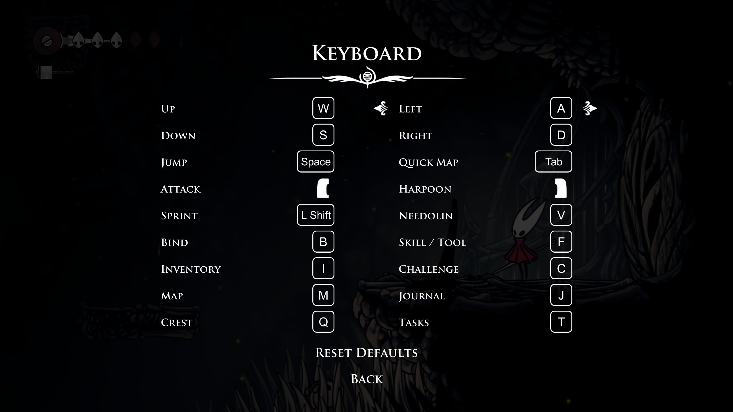 Keyboard Controls Page from the game: Hollow Knight Silksong