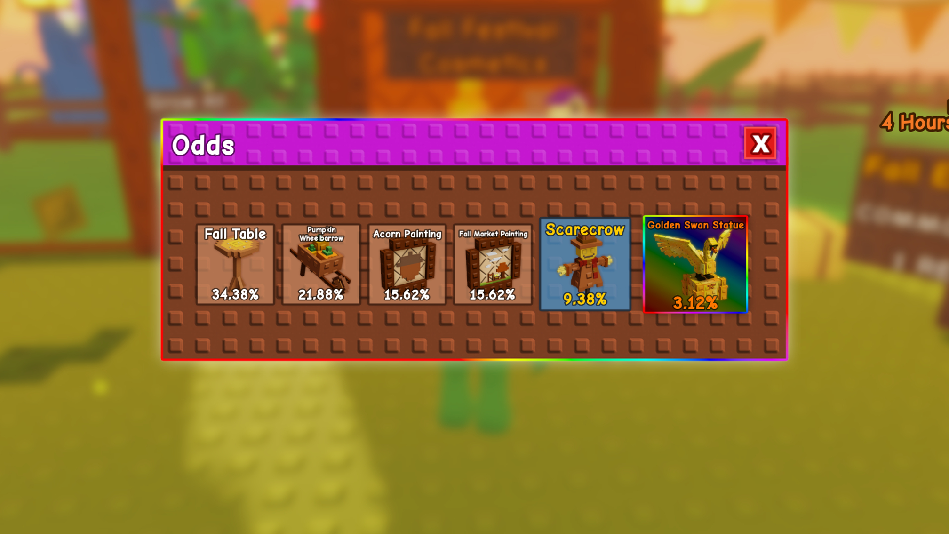 Cosmetic drop chances (Image via Roblox Corporation)