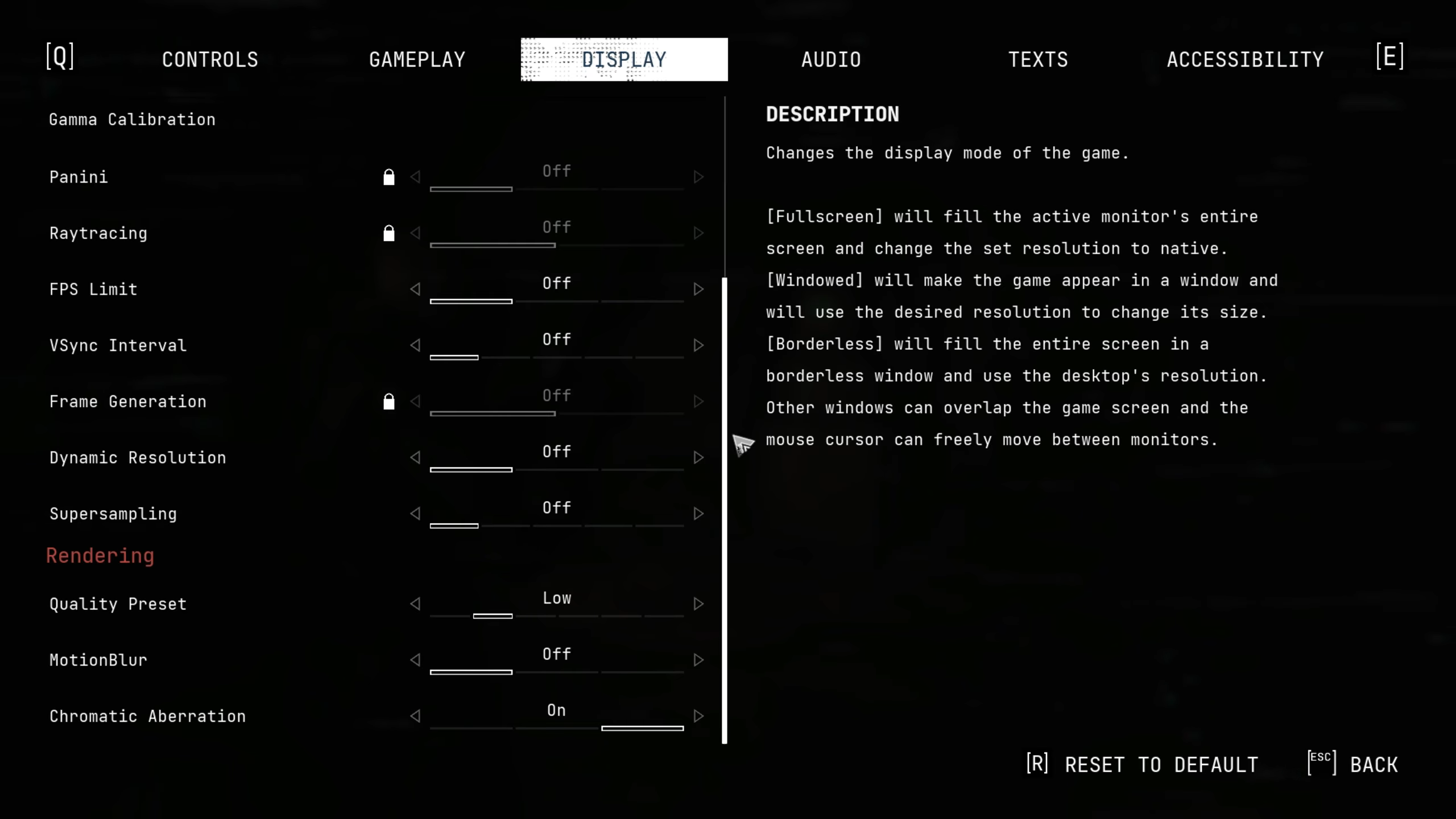 Cronos the New Dawn Settings Page