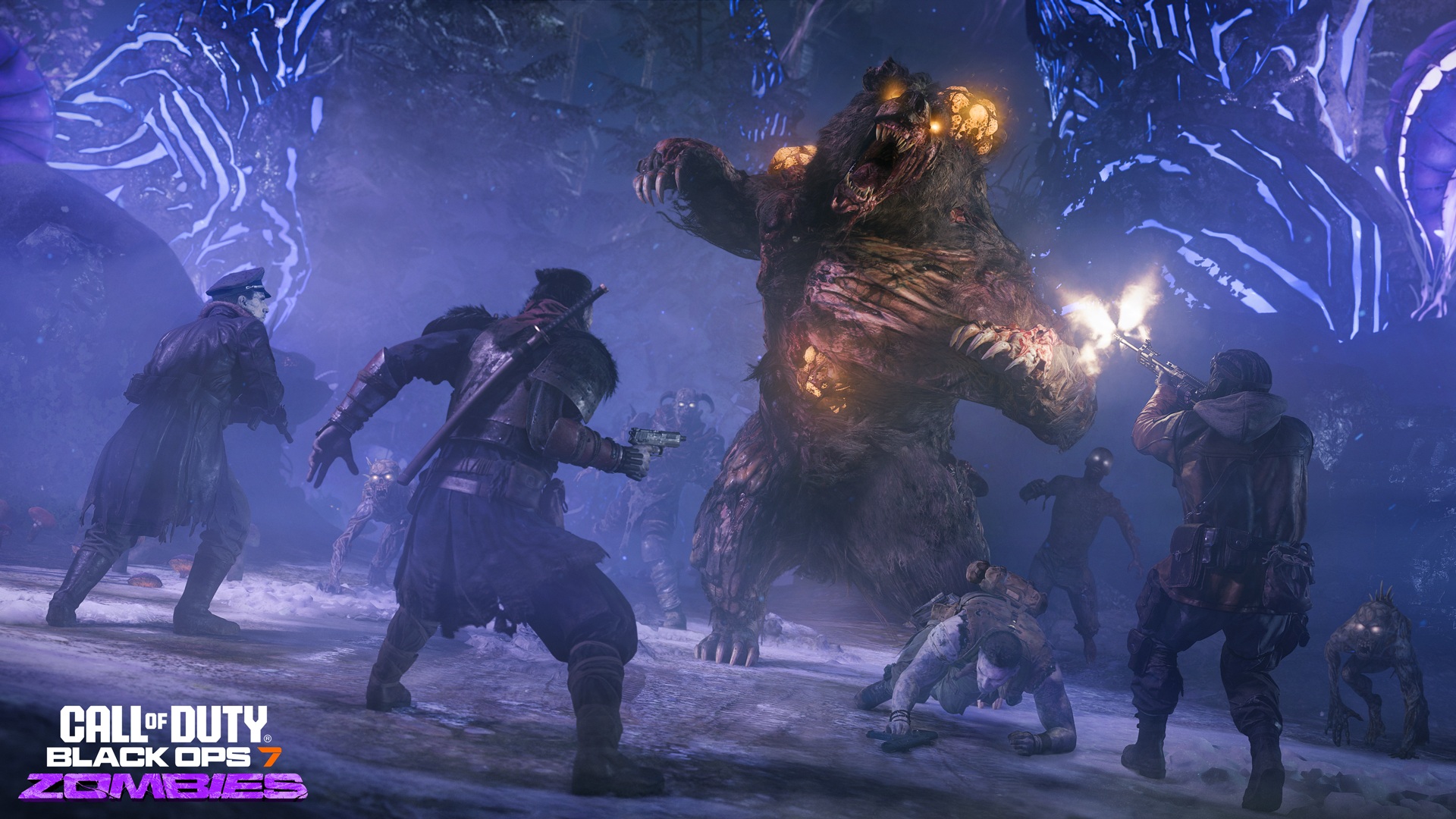 Multiple Operators fighting off a Zombie Bear in the Cursed Mode in Black Ops 7 Zombies