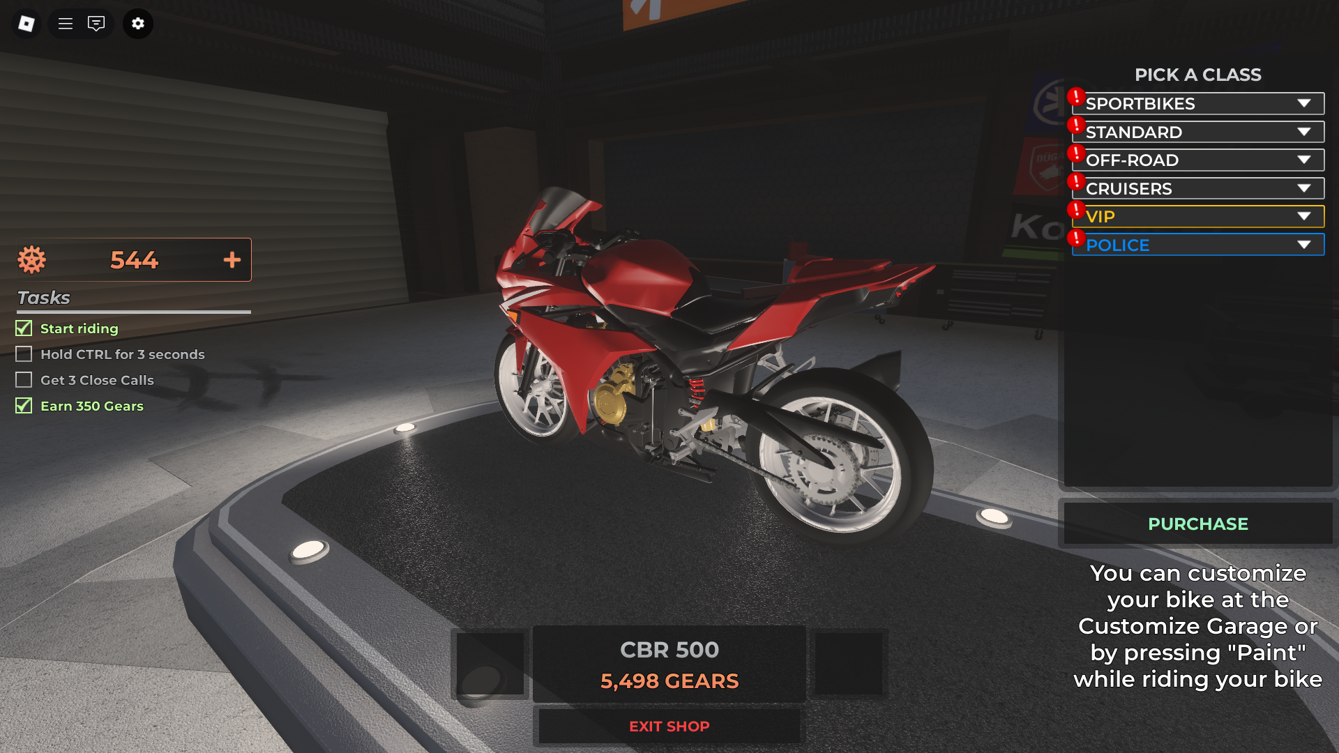 Buying new bikes using gears (Image via Roblox Corporation)