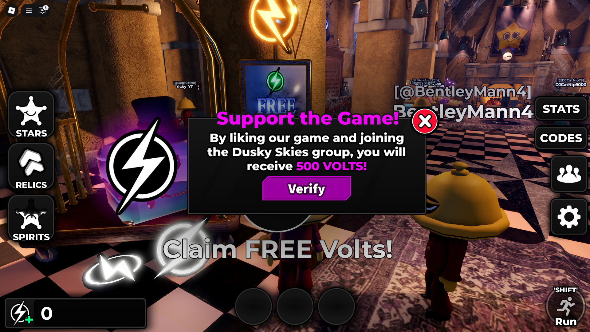 Claim Free 500 Volts From the Lobby (Image via Roblox Corporation)