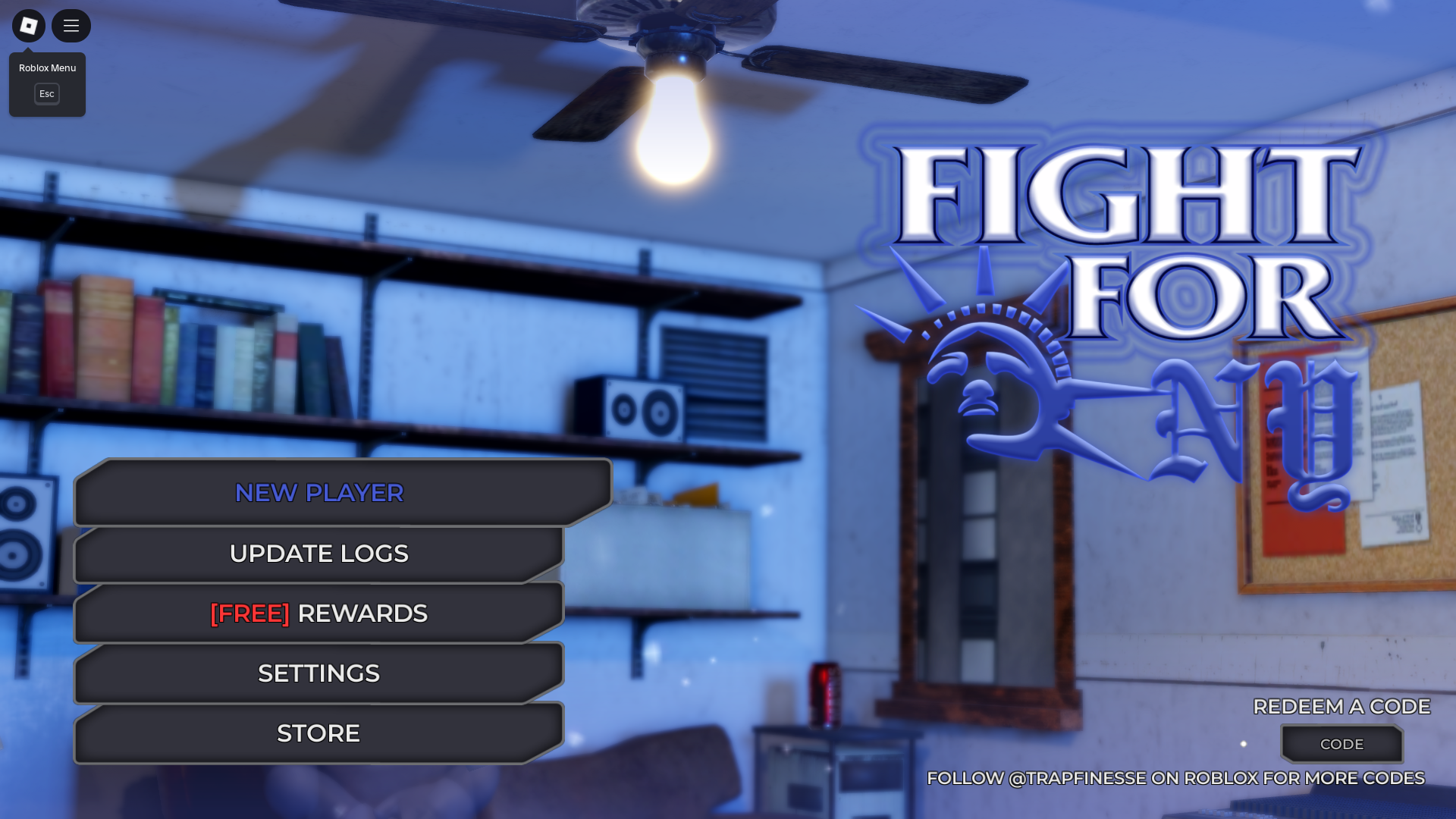 Redeeming codes from the bottom right of the main menu (Image via Roblox Corporation)