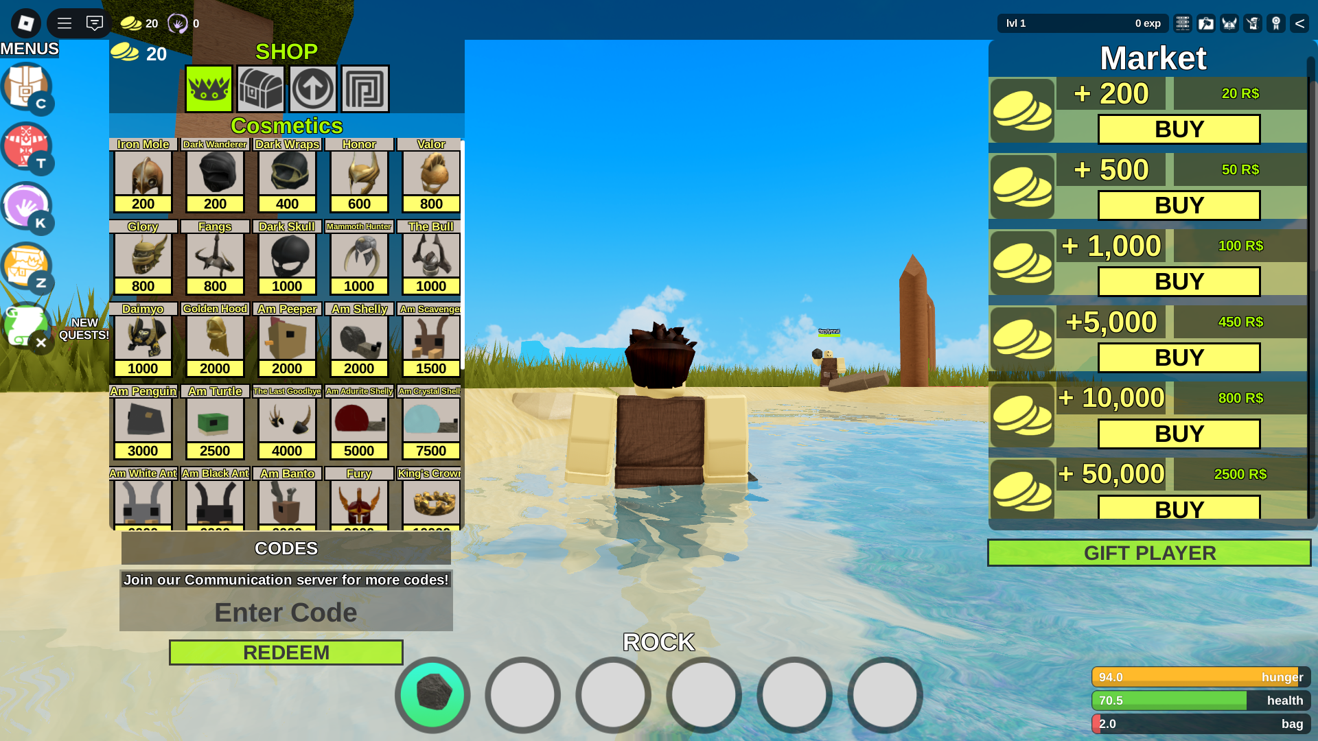 Redeeming codes from the bottom left of the shop menu (Image via Roblox Corporation)