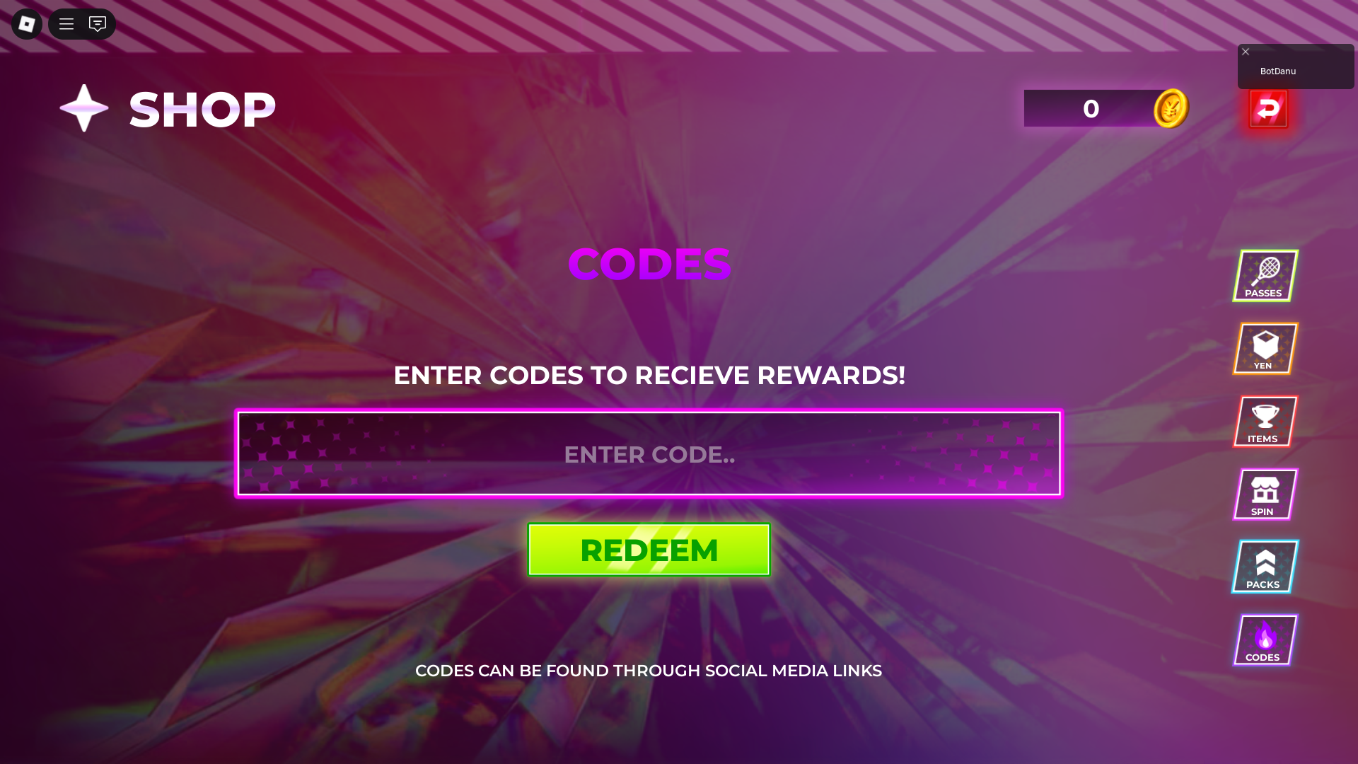 Redeeming codes (Image via Roblox Corporation)