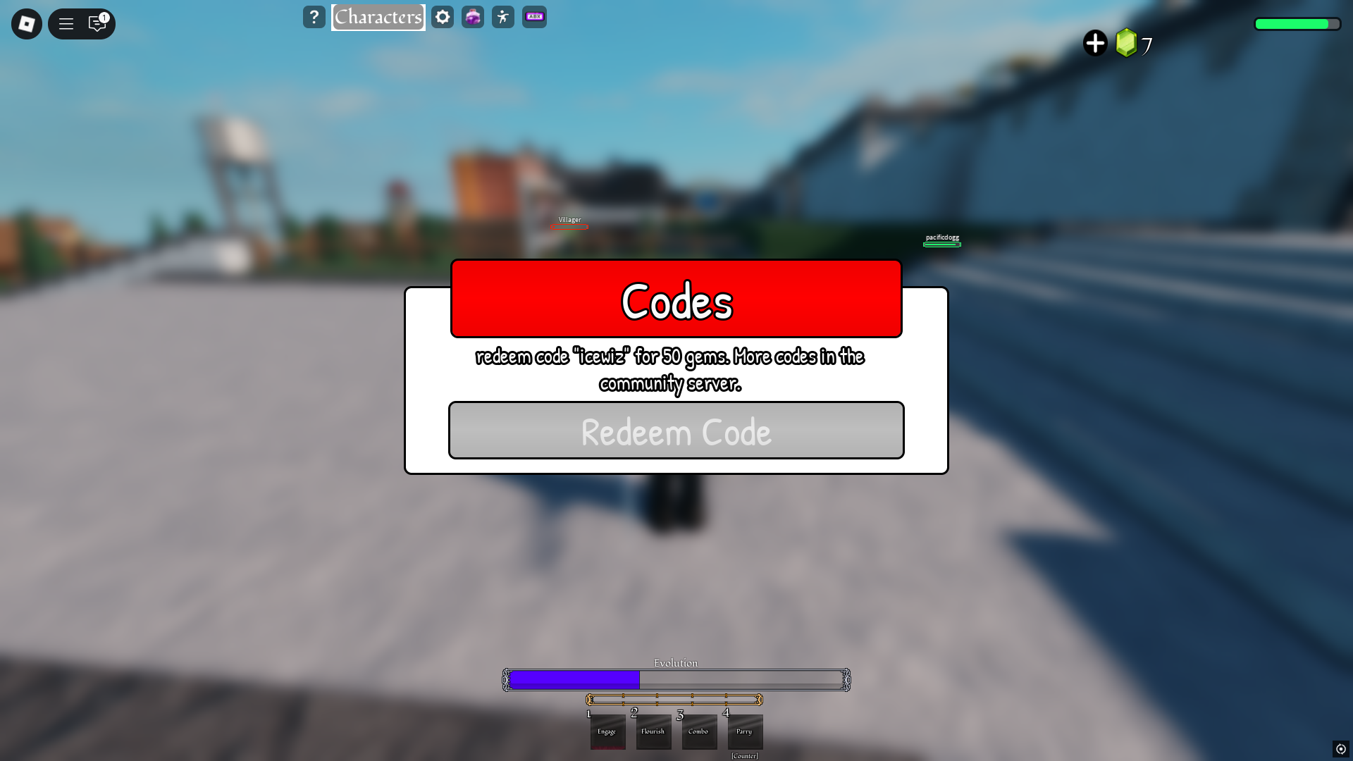 Redeeming codes for free gems (Image via Roblox Corporation)