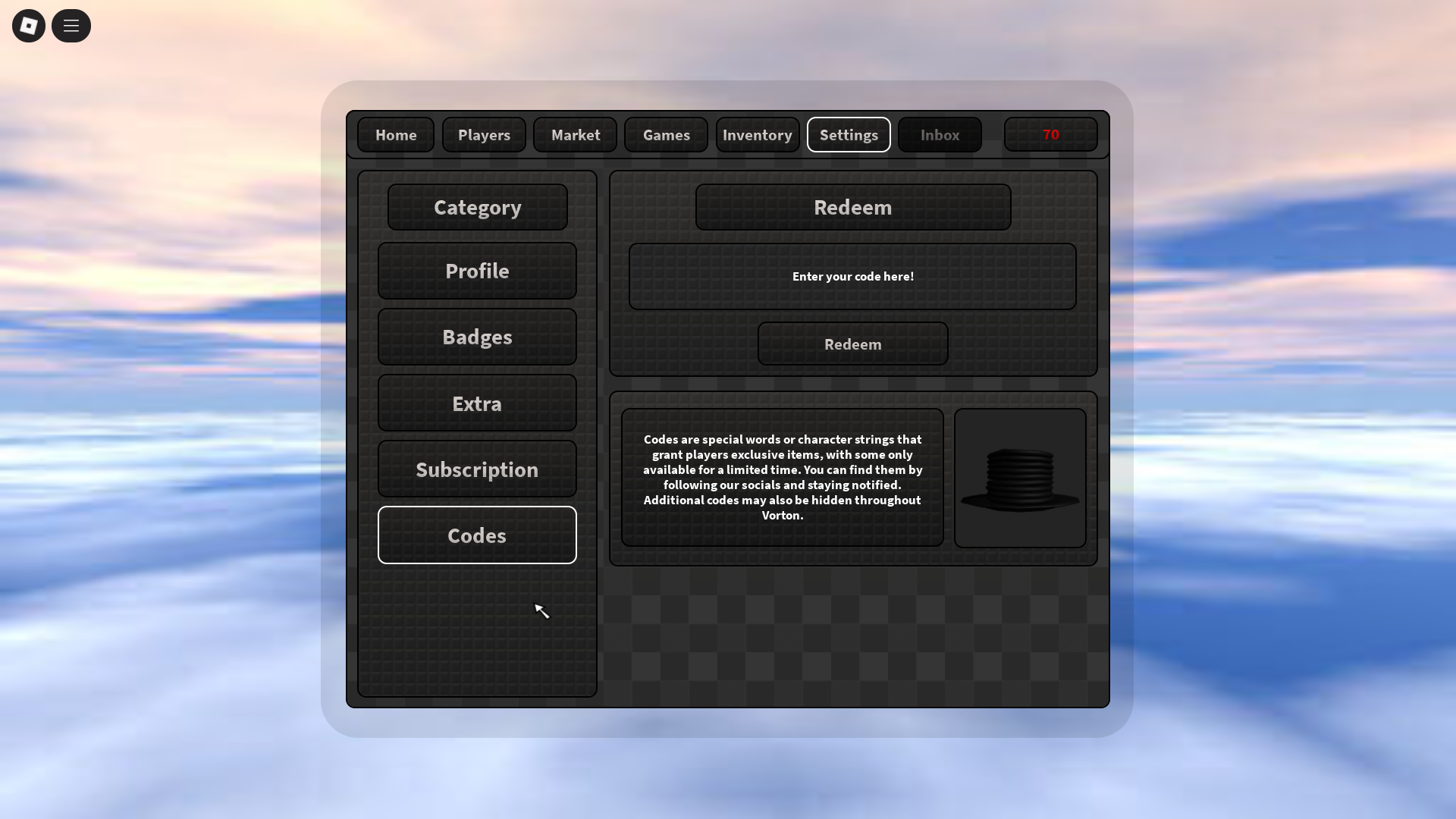 Redeeming codes (Image via Roblox Corporation)