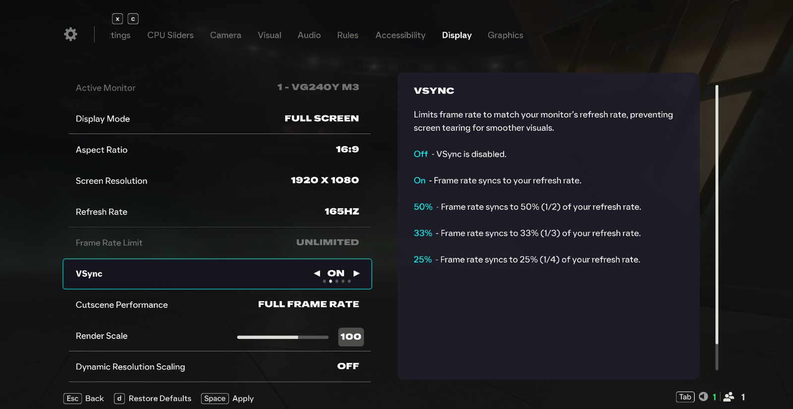 Display Settings page from EA FC 26