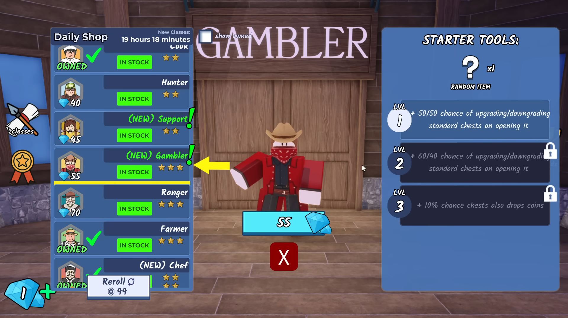 Gambler Class in 99 Nights in the Forest (Image via Roblox Corporation)