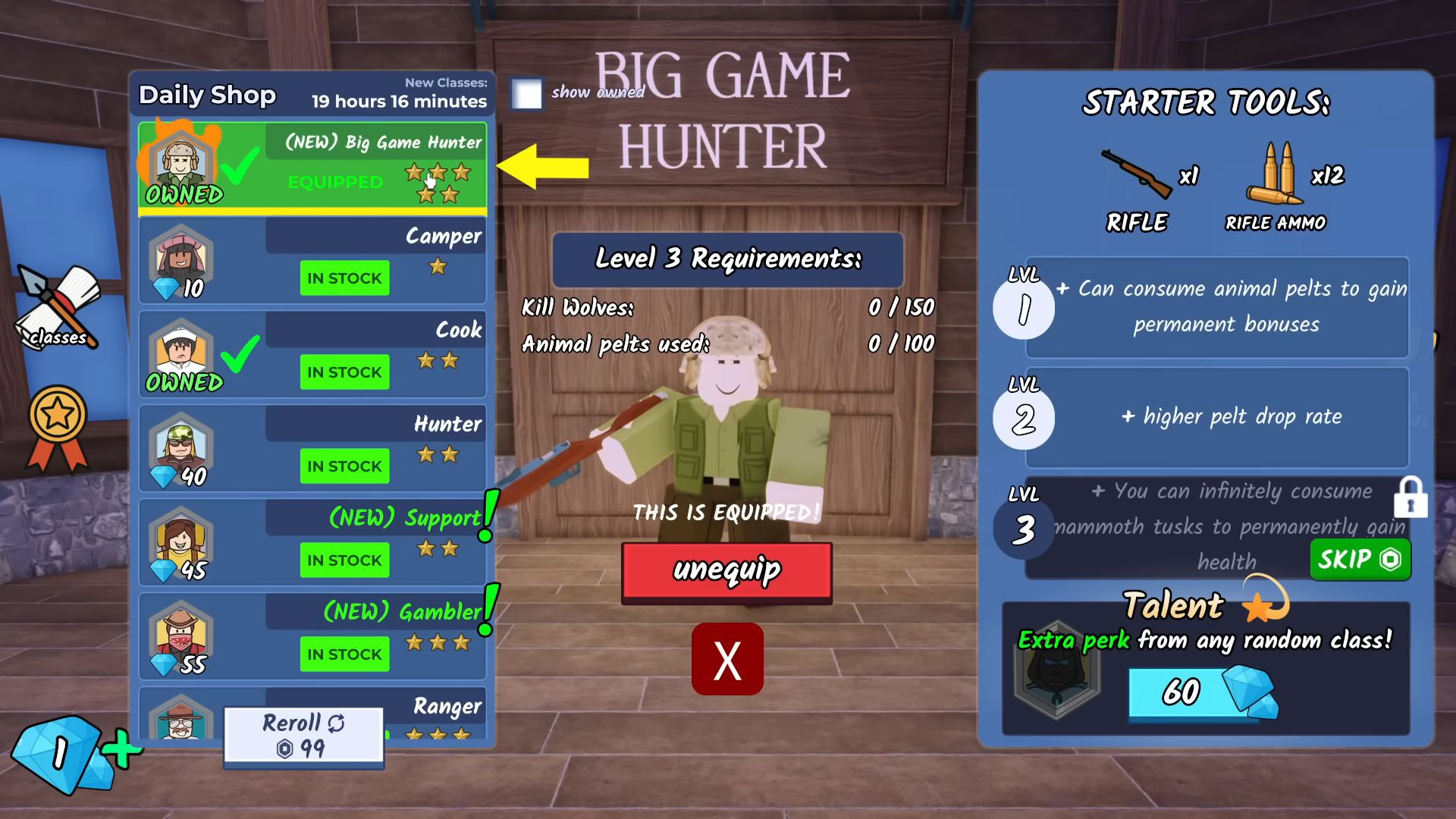 Game Hunter Class in 99 Nights in the Forest (Image via Roblox Corporation)