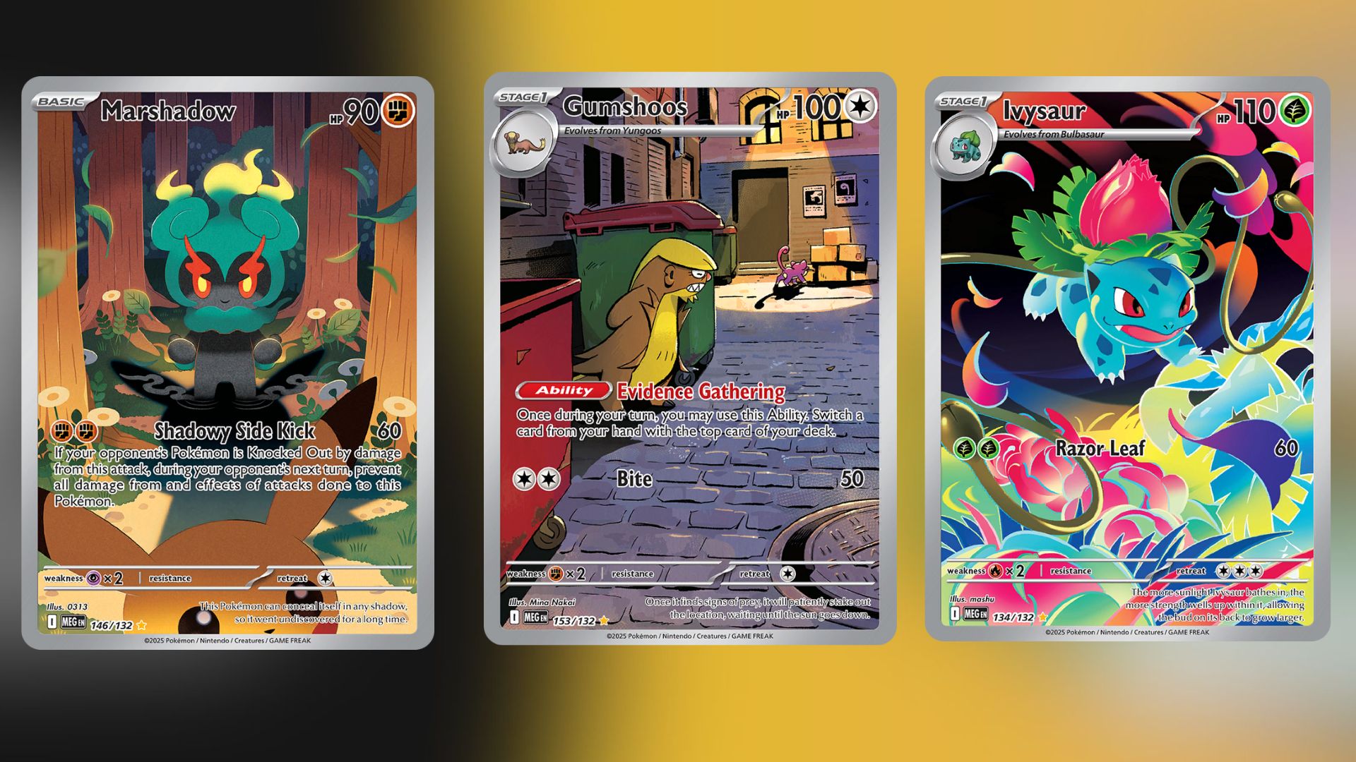 Marshadow, Gumshoos, and Ivysaur (Image via TPC)