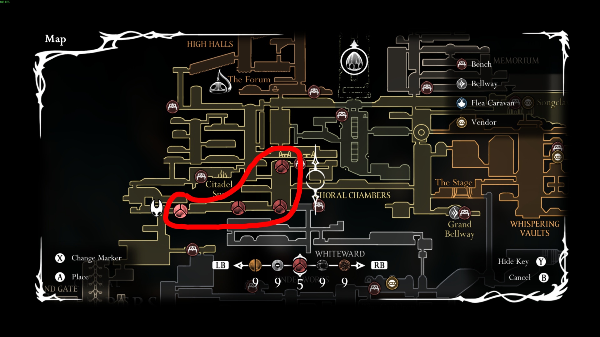 All red pin locations have choirbugs you can farm (Image via Team Cherry | Deltia’s Gaming)
