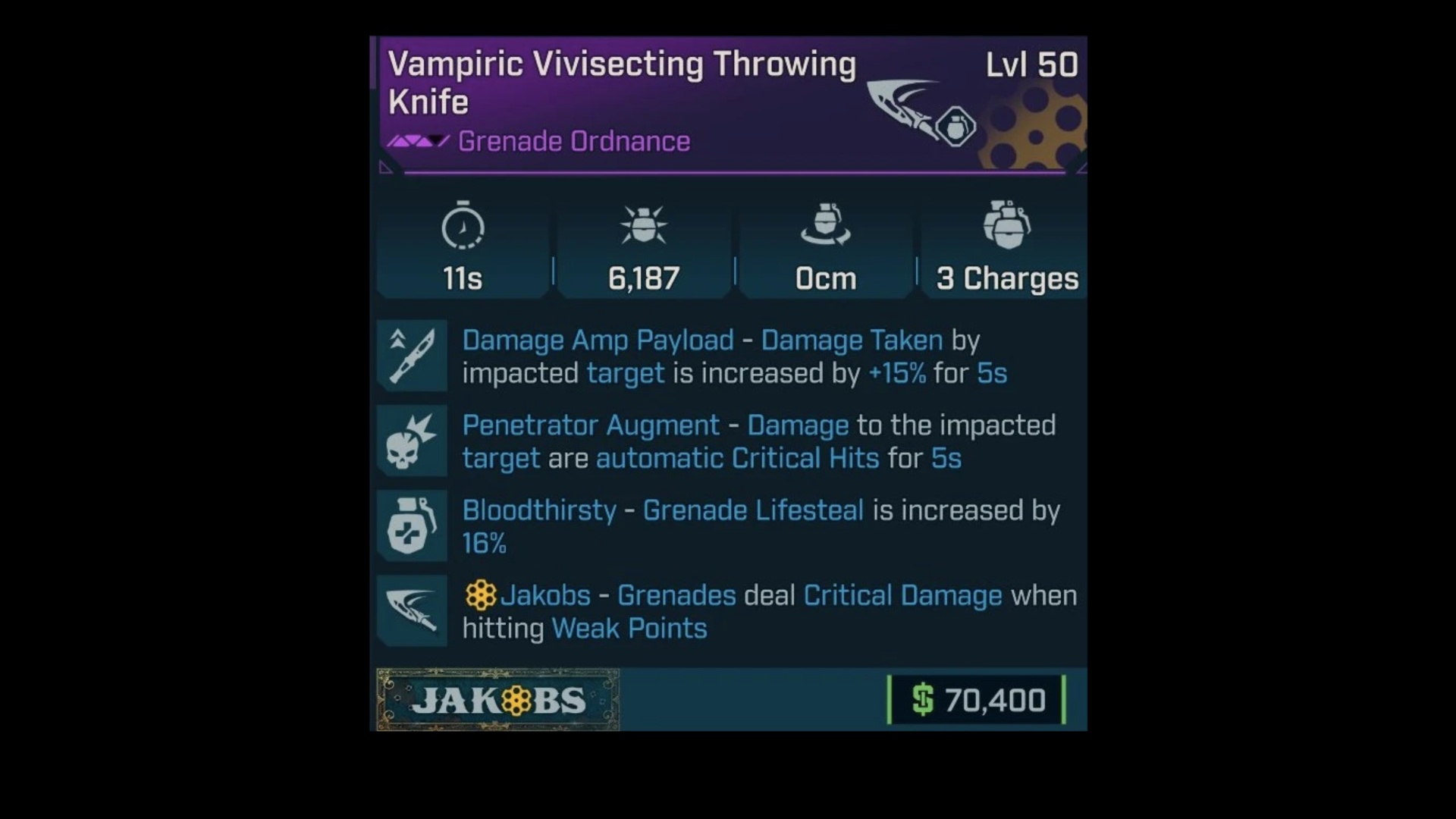 Stats of the best Throwing Knife (Image via 2K)