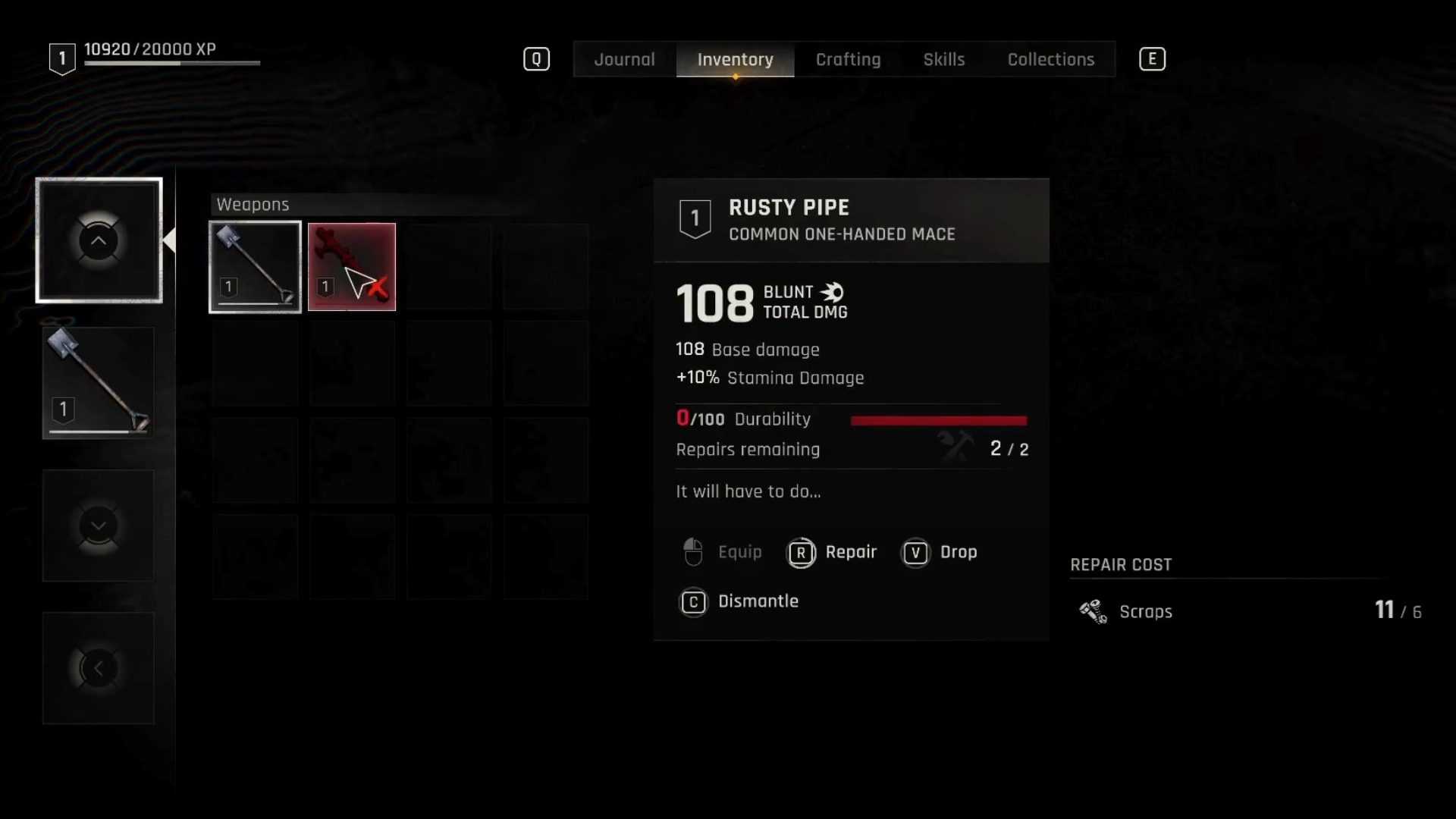 Repair weapons at any time from your inventory