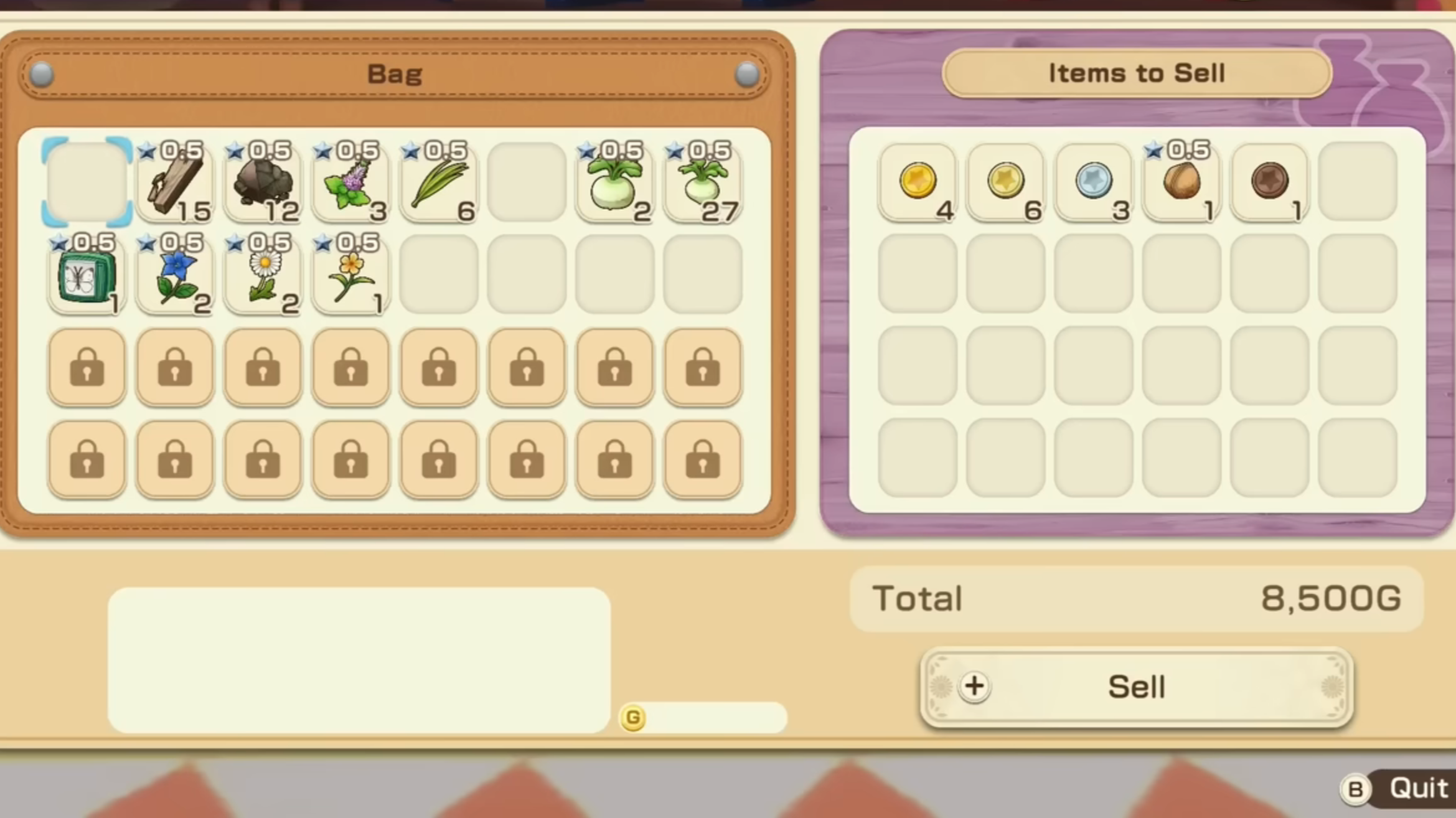 Manage storage space in Story of Seasons Grand Bazaar (Image via XSEED Games)