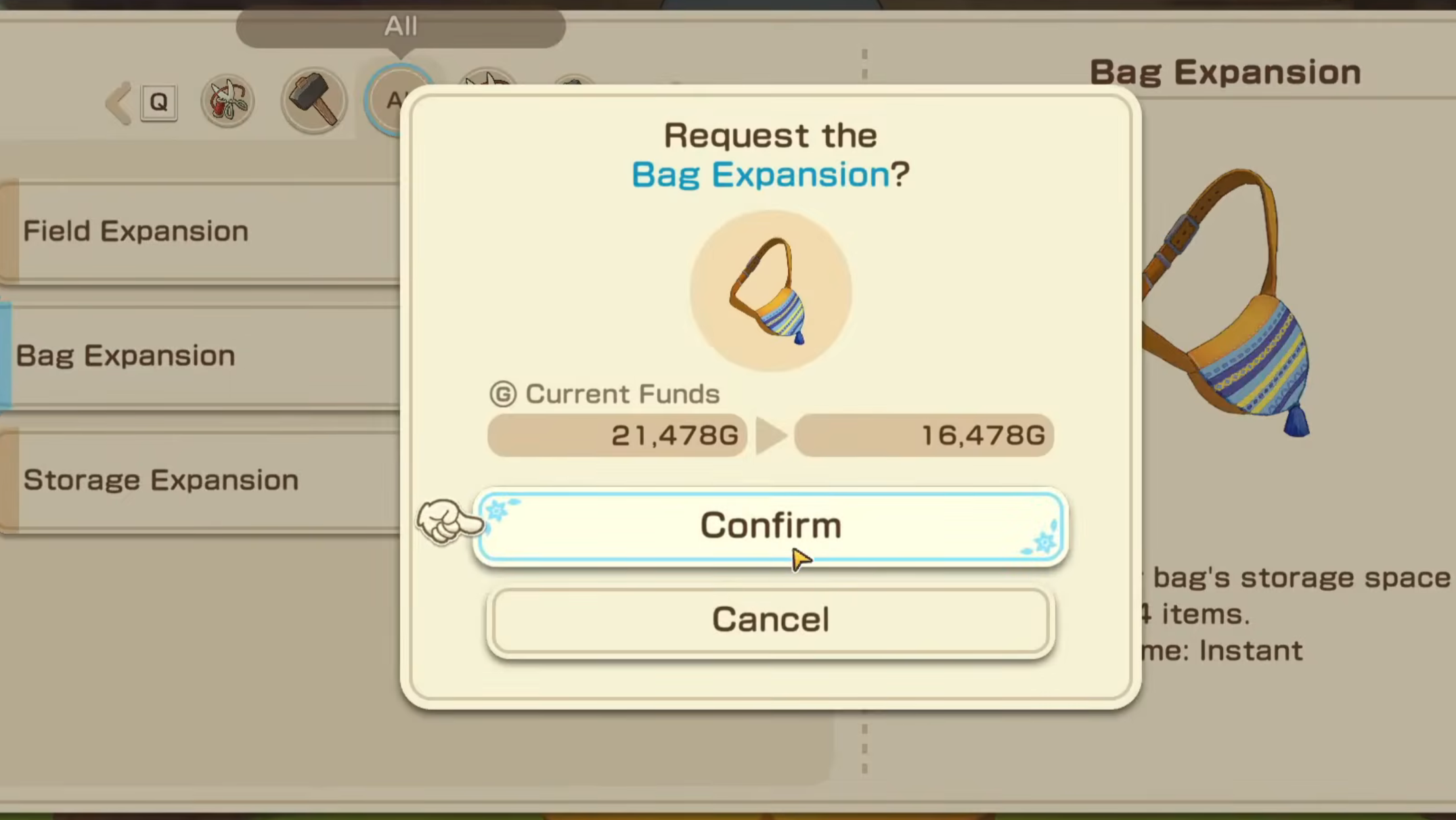 Steps to expand bag storage (Image via XSEED Games)