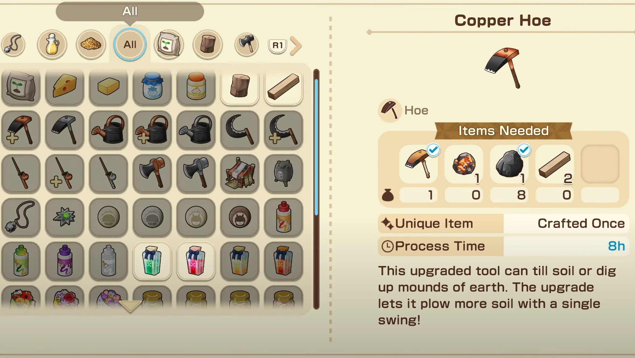 Crafting recipes with ores (Image via XSEED Games)