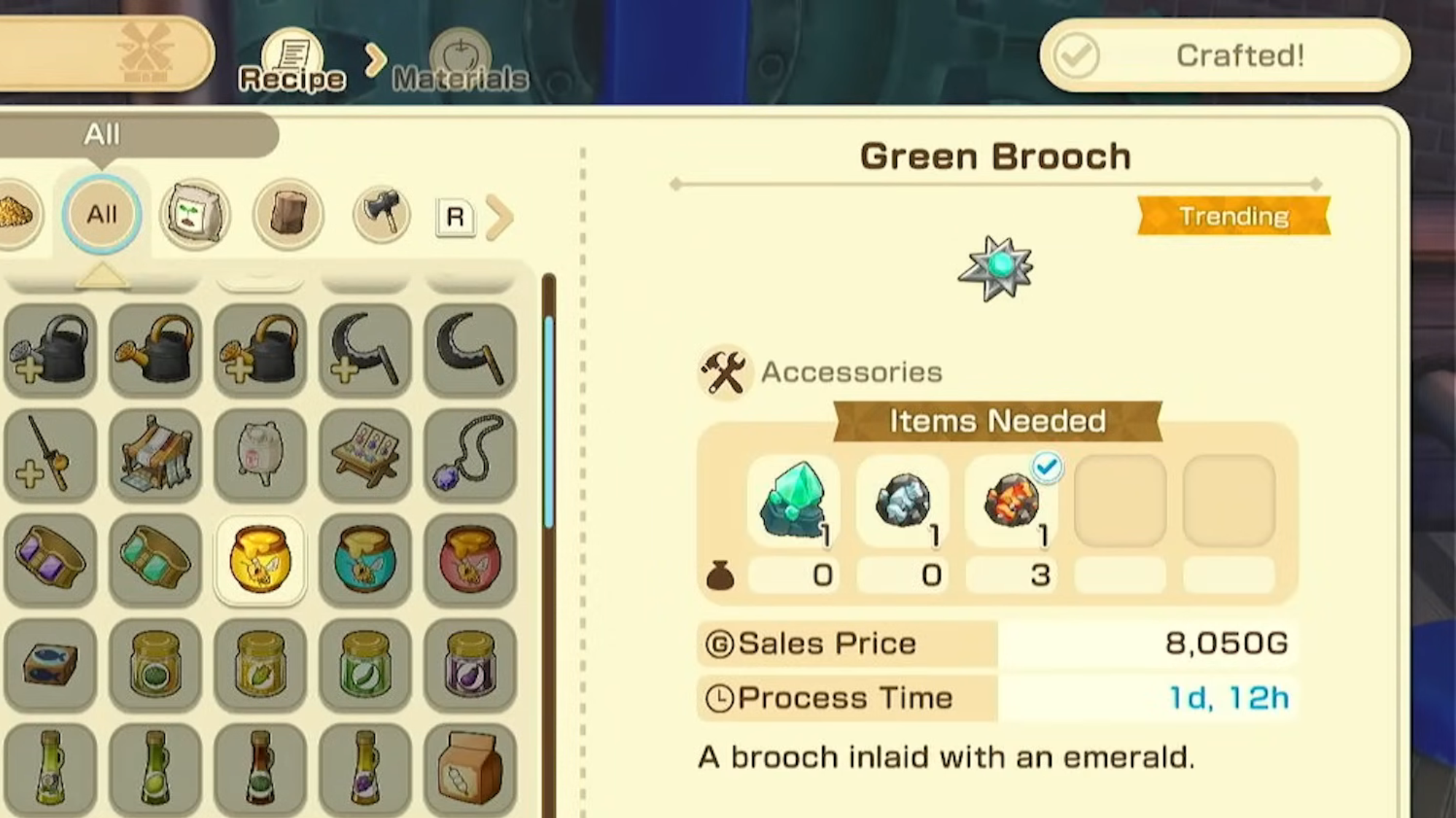 View the trending items from the crafting menu (Image via XSEED Games)