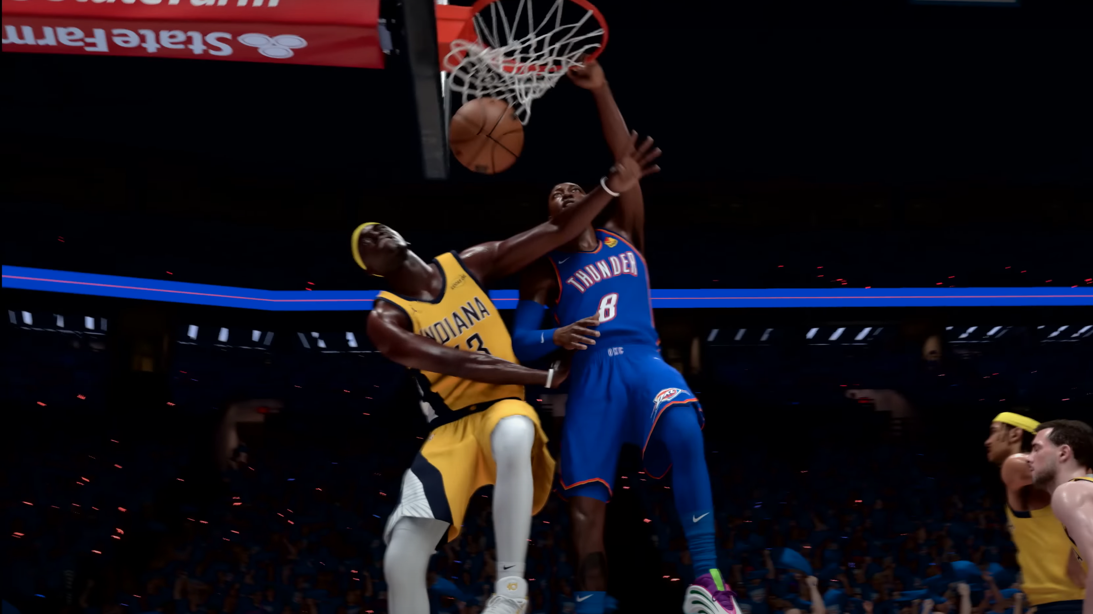 Hanging off the rim after a dunk (Image via 2K Games)