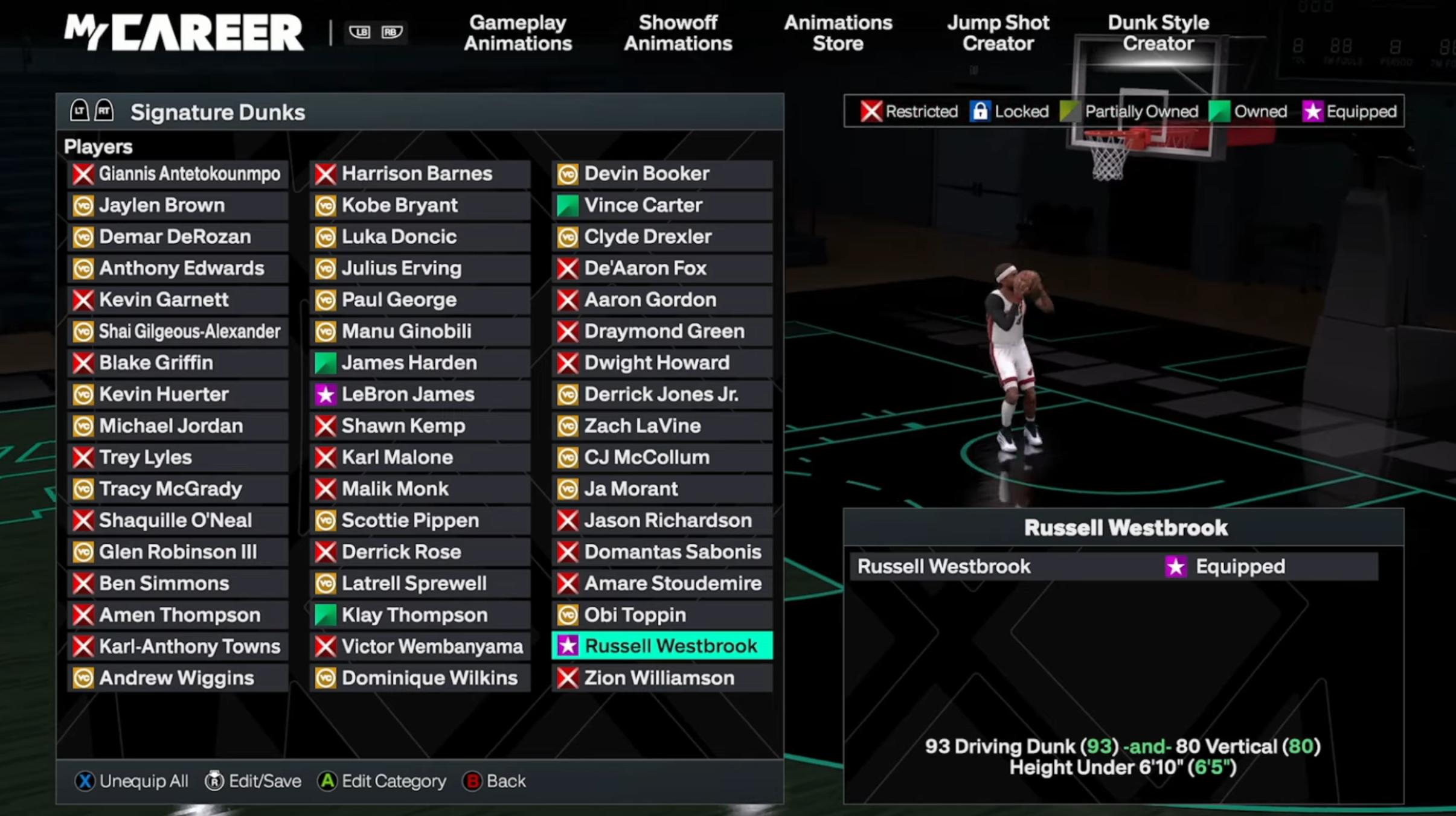 List of all Signature Dunk Animations requirements in NBA 2K26 (Image via 2K Games)