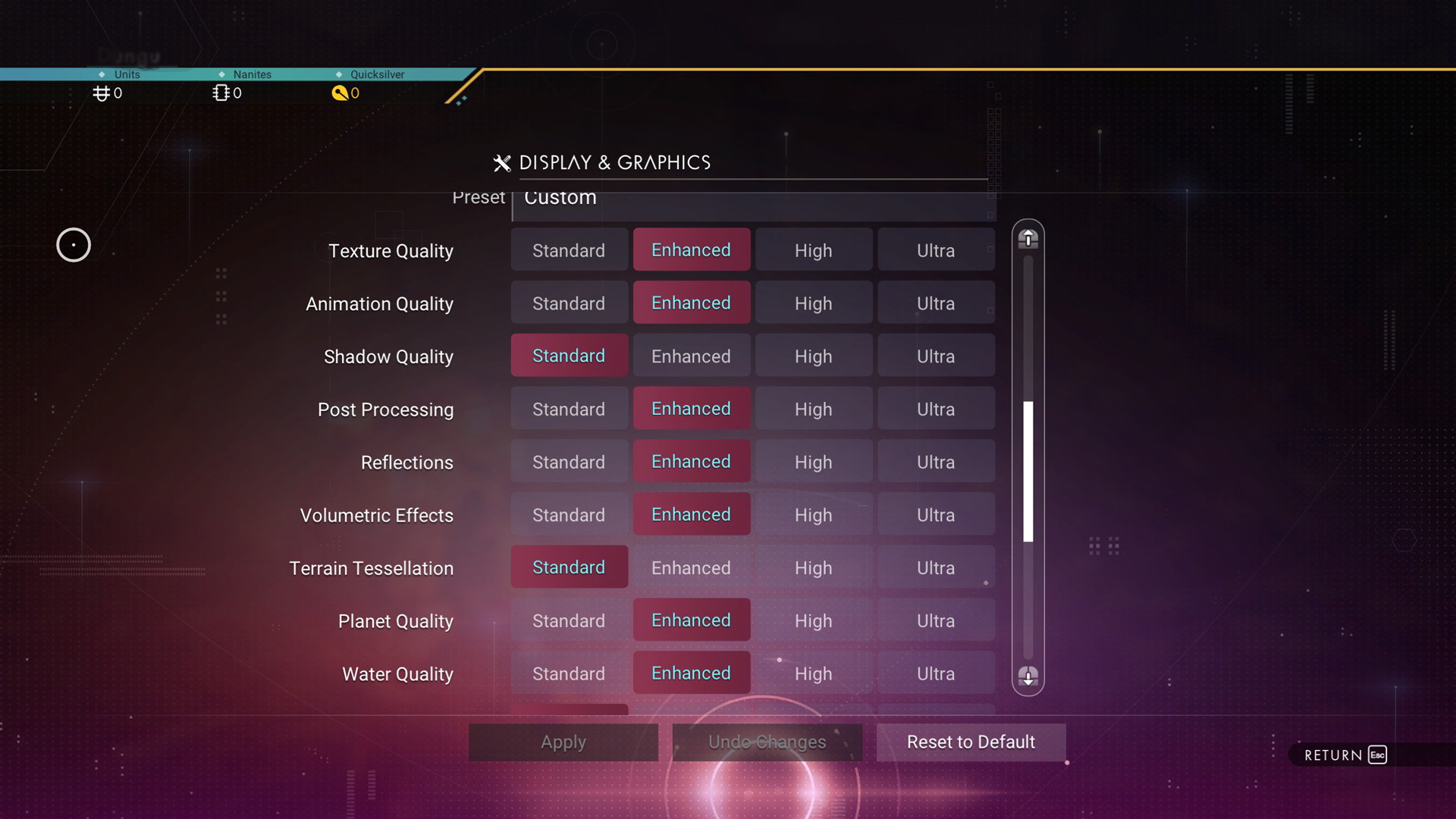 Settings Page from the game: No Man’s Sky