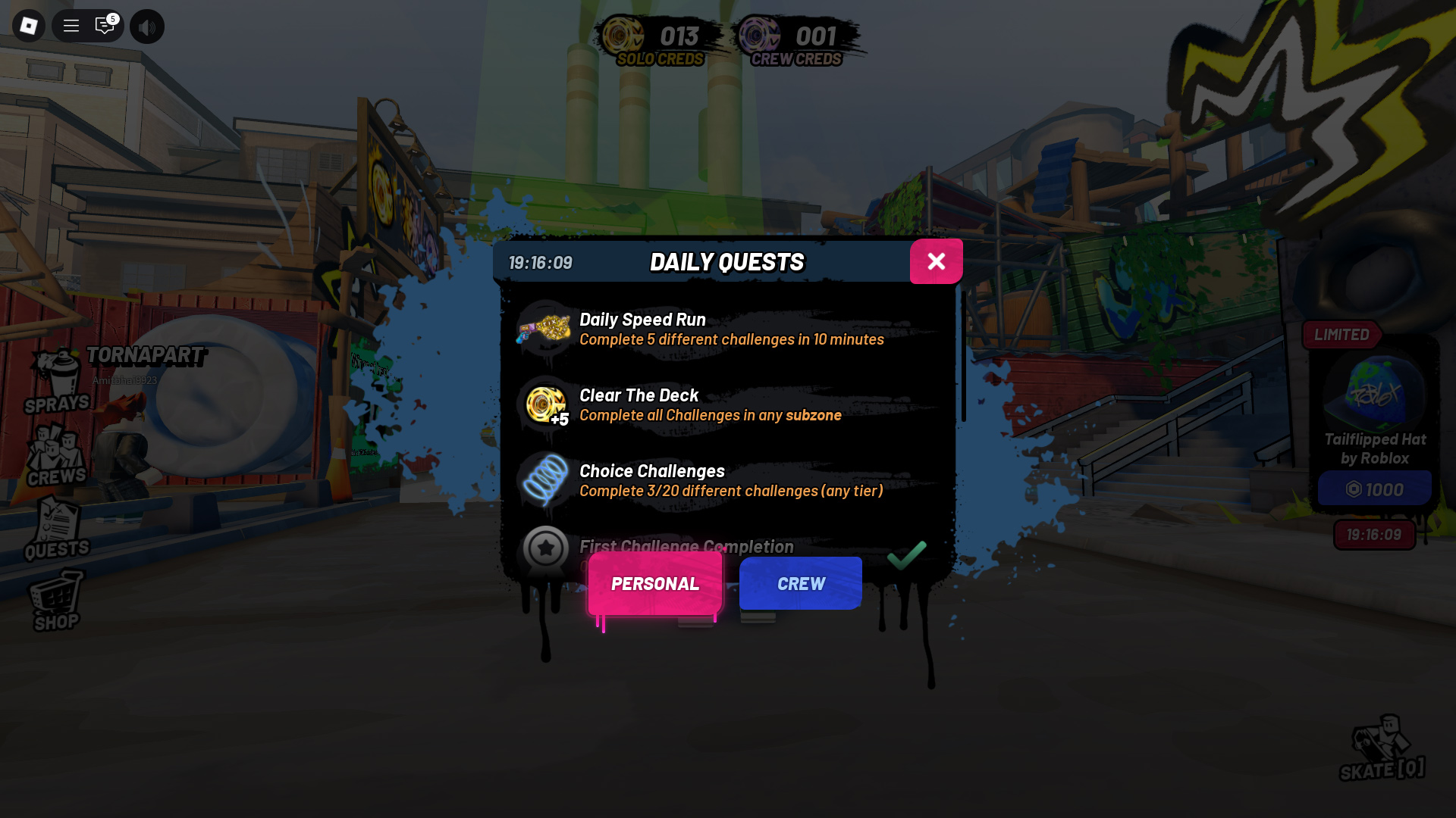 Complete the Personal Quests (Image via Roblox Corporation)