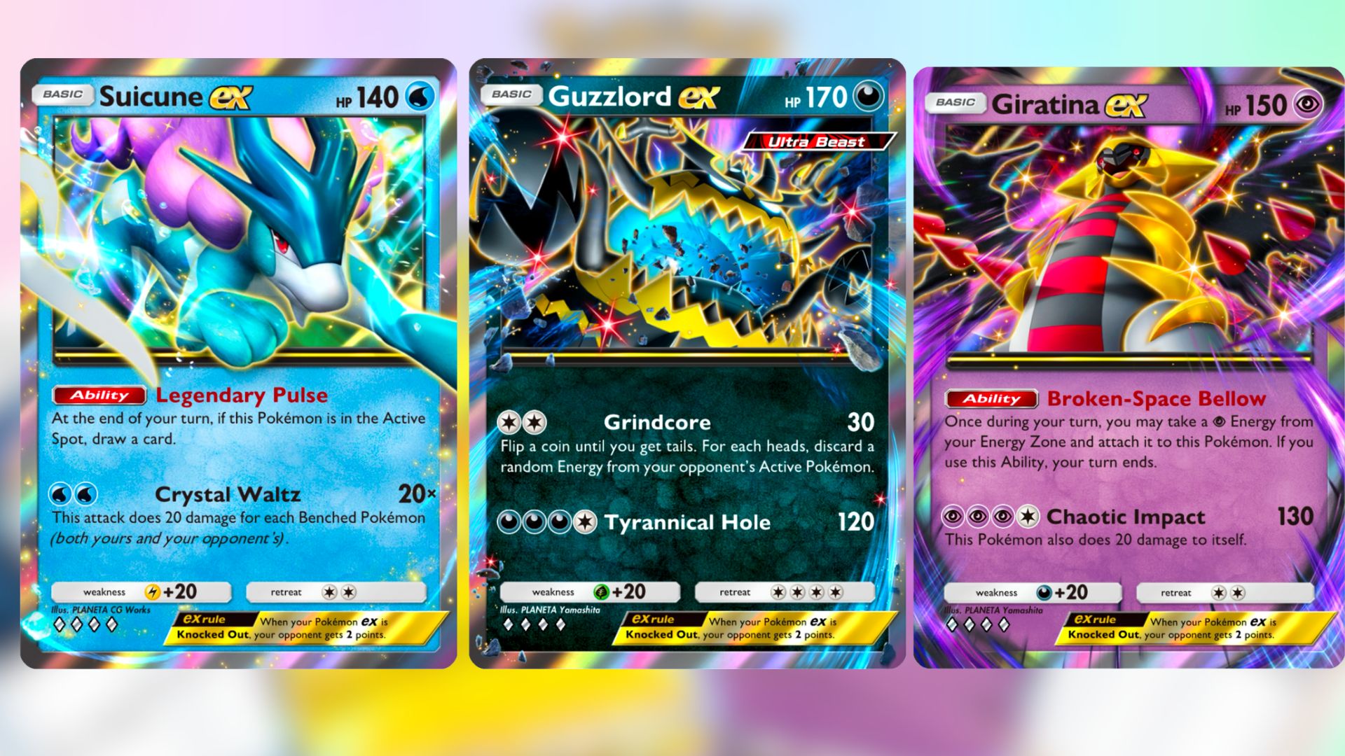 Suicune ex, Guzzlord ex, and Giratina ex in TCG Pocket (Image via TPC)