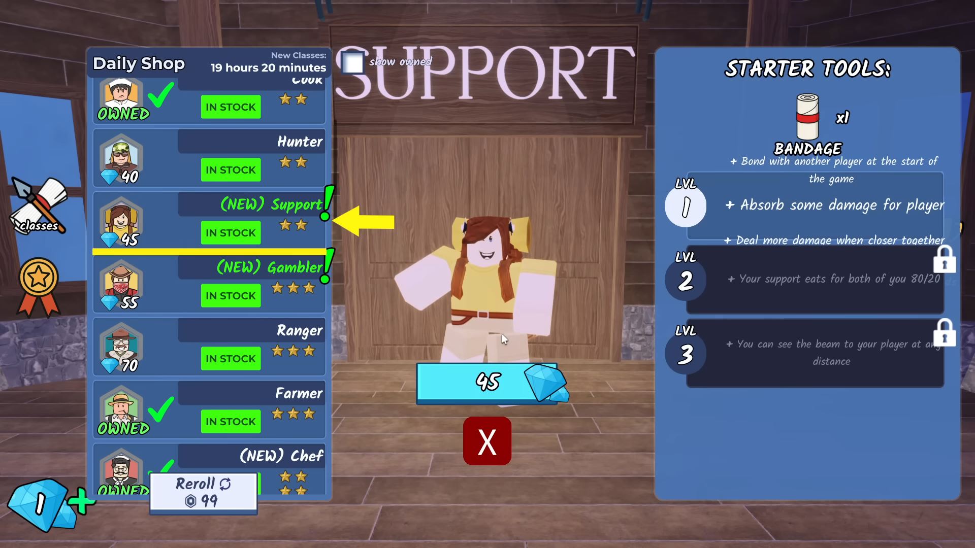 Support Class in 99 Nights in the Forest (Image via Roblox Corporation)