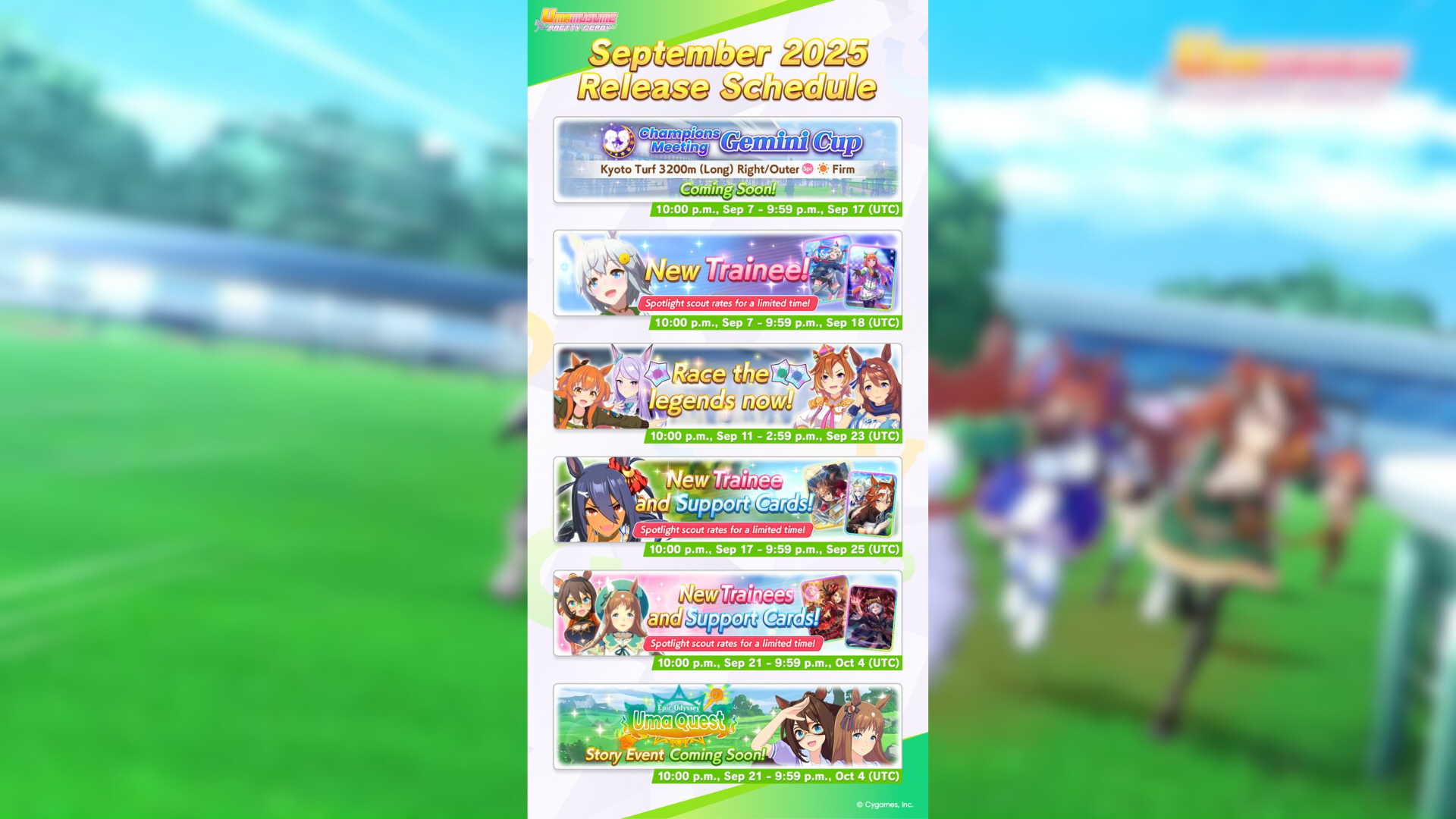 The complete release schedule for September 2025 in Umamusume Pretty Derby (Image via Cygames Inc.)