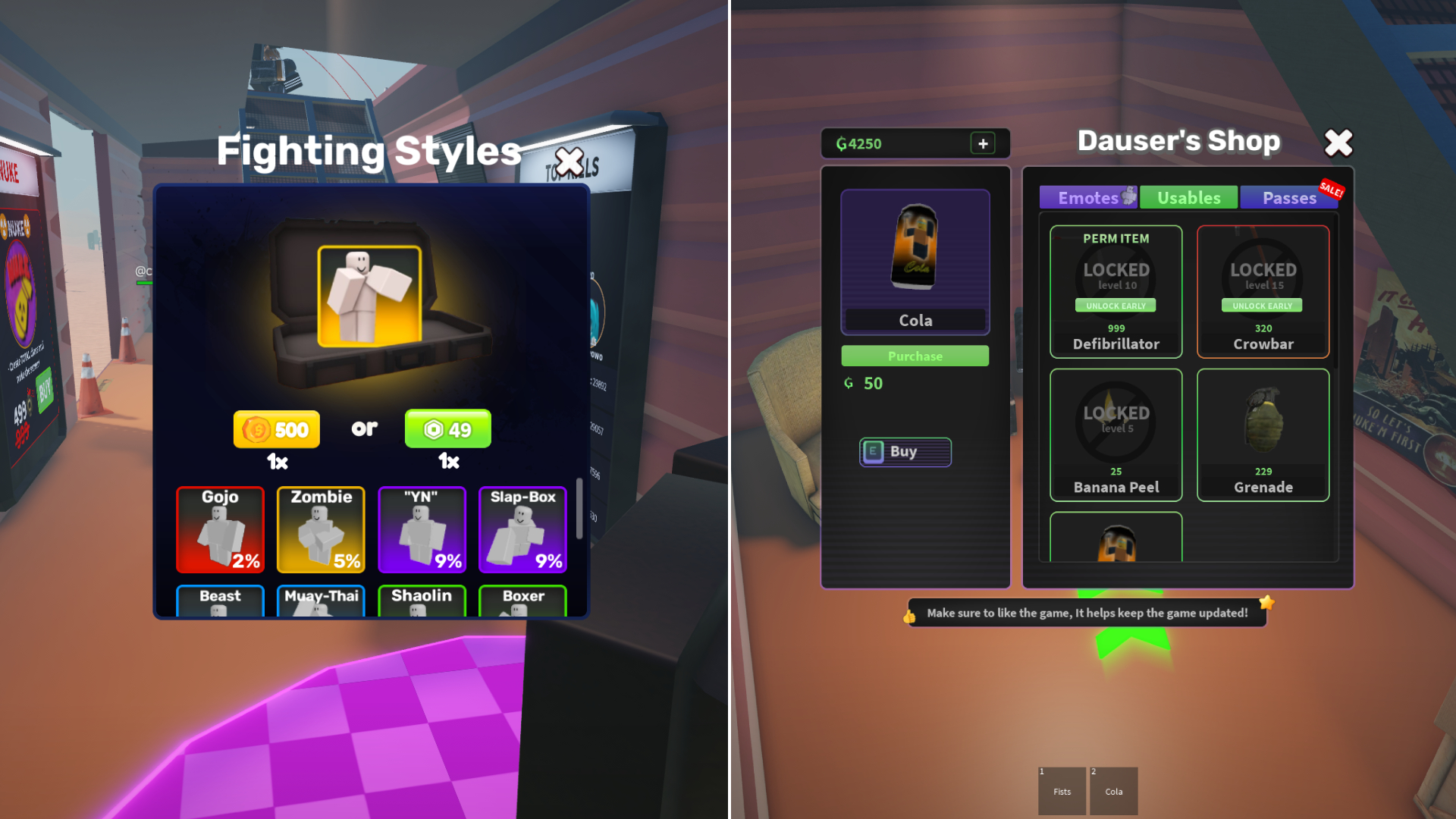 Use coins to unlock items and fighting styles (Image via Roblox Corporation)