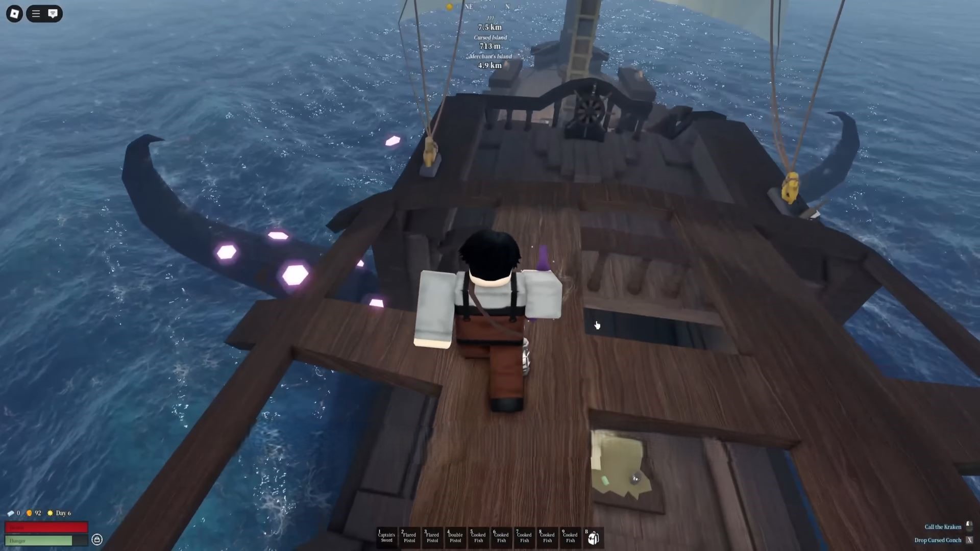 Using cursed conch to summon the Kraken (Image via Roblox Corporation)
