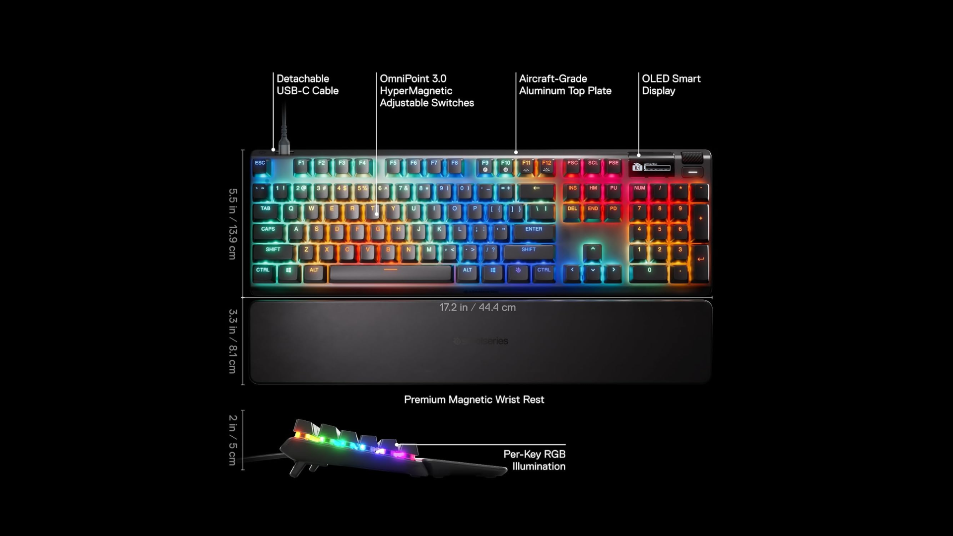 An image of SteelSeries Apex Pro Gen 3 gaming keyboard dimensions and components