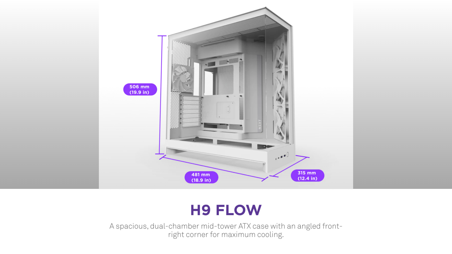 An image of NZXT H9 Flow PC case (white) dimensions