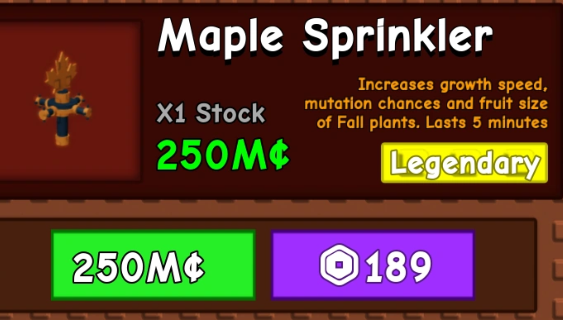 The Maple Sprinkler is a legendary-tier item (Image via The Garden Game | Roblox)