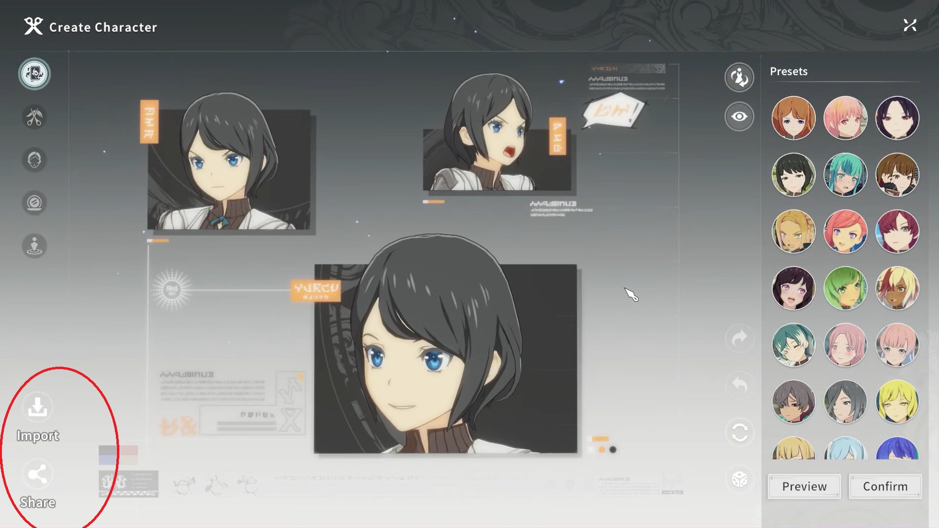 The red circle shows the import character button in Blue Protocol Star Resonance (Image via A Plus Japan | @talesoflumin/YouTube)