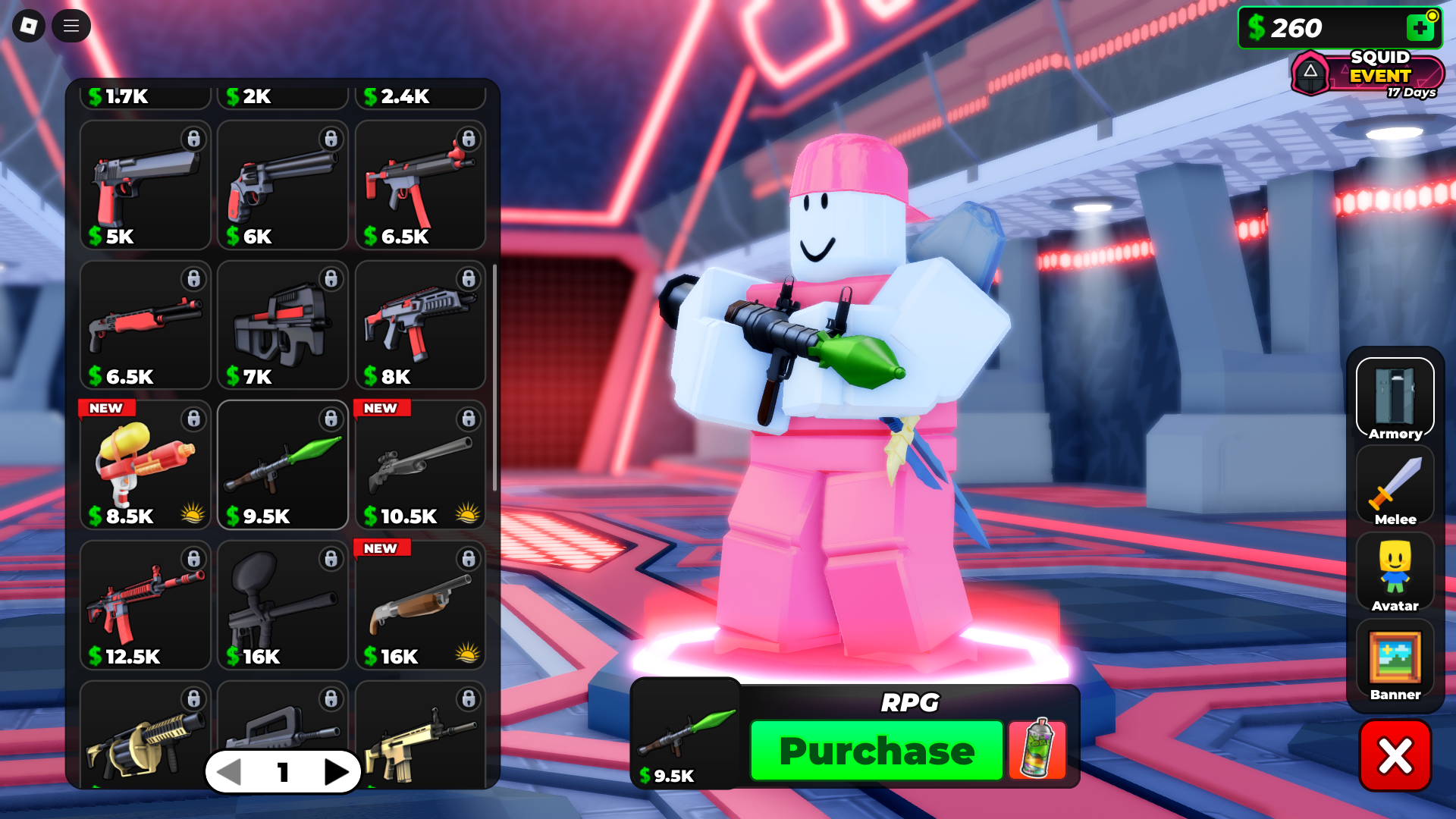 Buying new weapons (Image via Roblox Corporation)