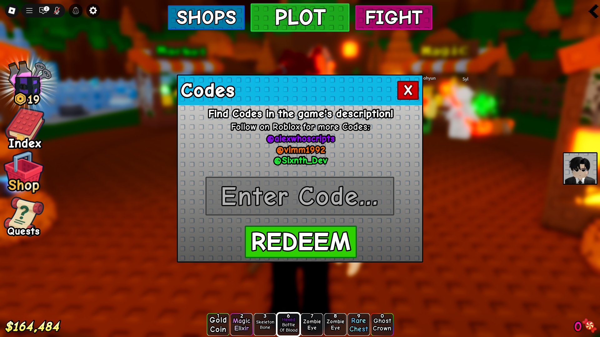 Redeeming codes (Image via Roblox Corporation)