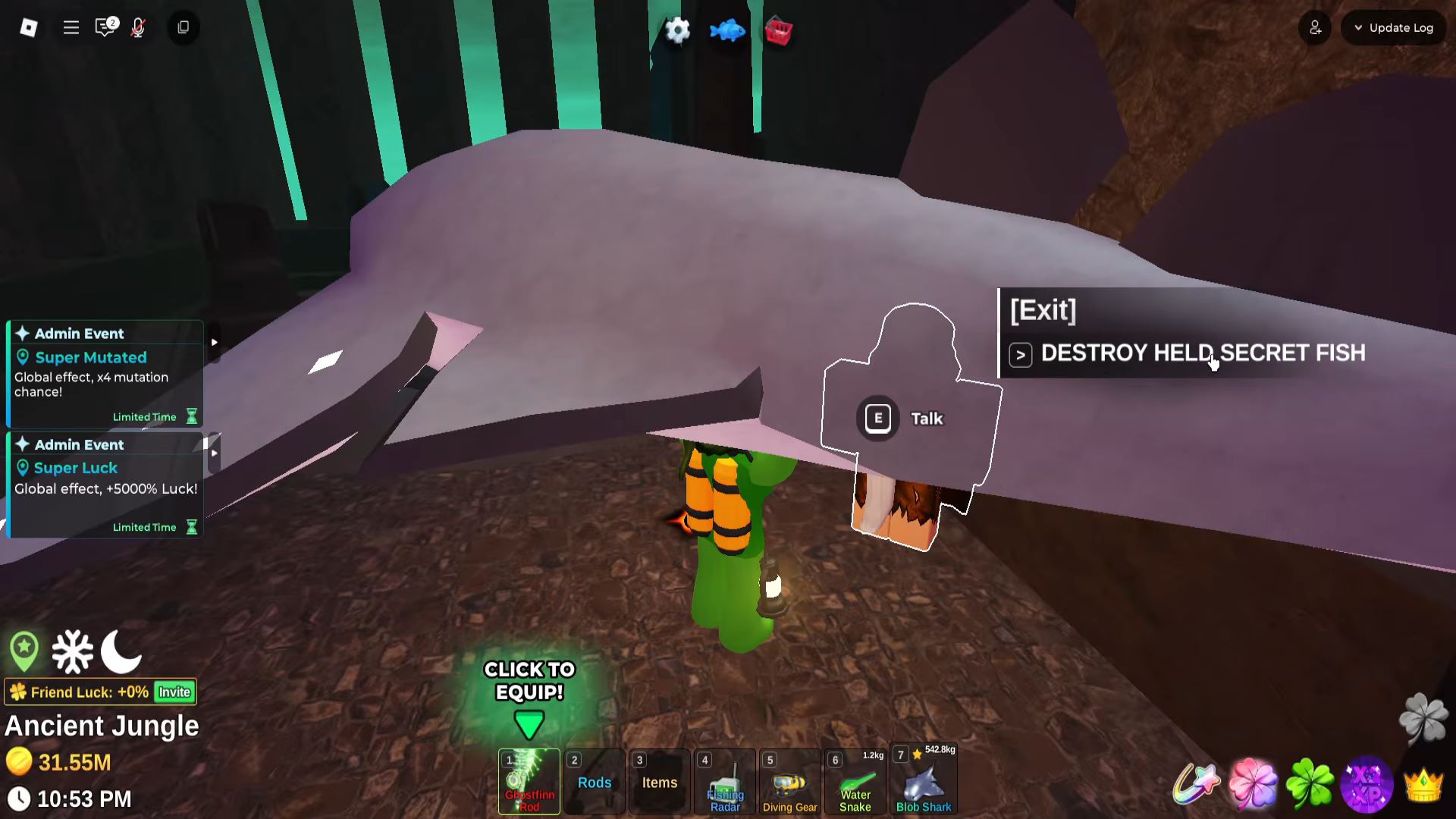 Destroy Held Secret Fish to get Transcended Stone (Image via Roblox Corporation)