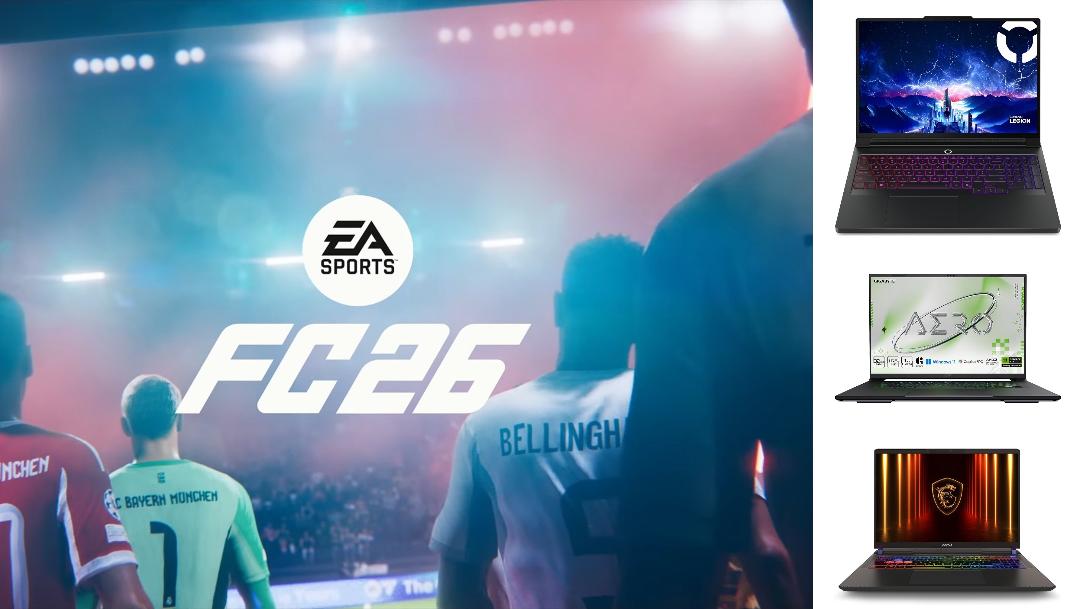 Picture of EA FC 26 and a collection of laptops