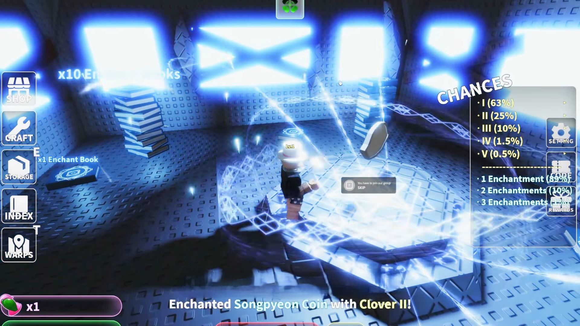 Enchanting a coin (Image via Roblox Corporation)
