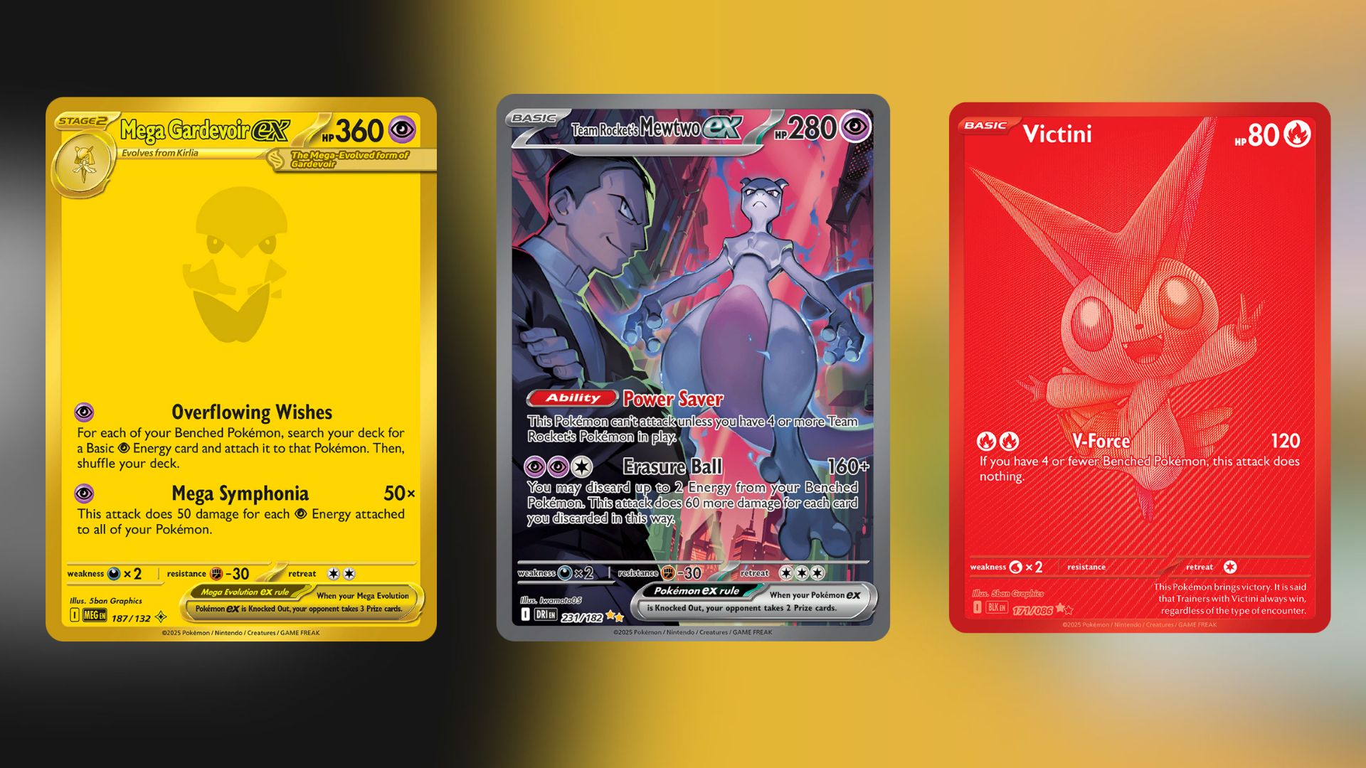 Mega Gardevoir ex, Team Rocket's Mewtwo ex, and Victini (Image via TPC)