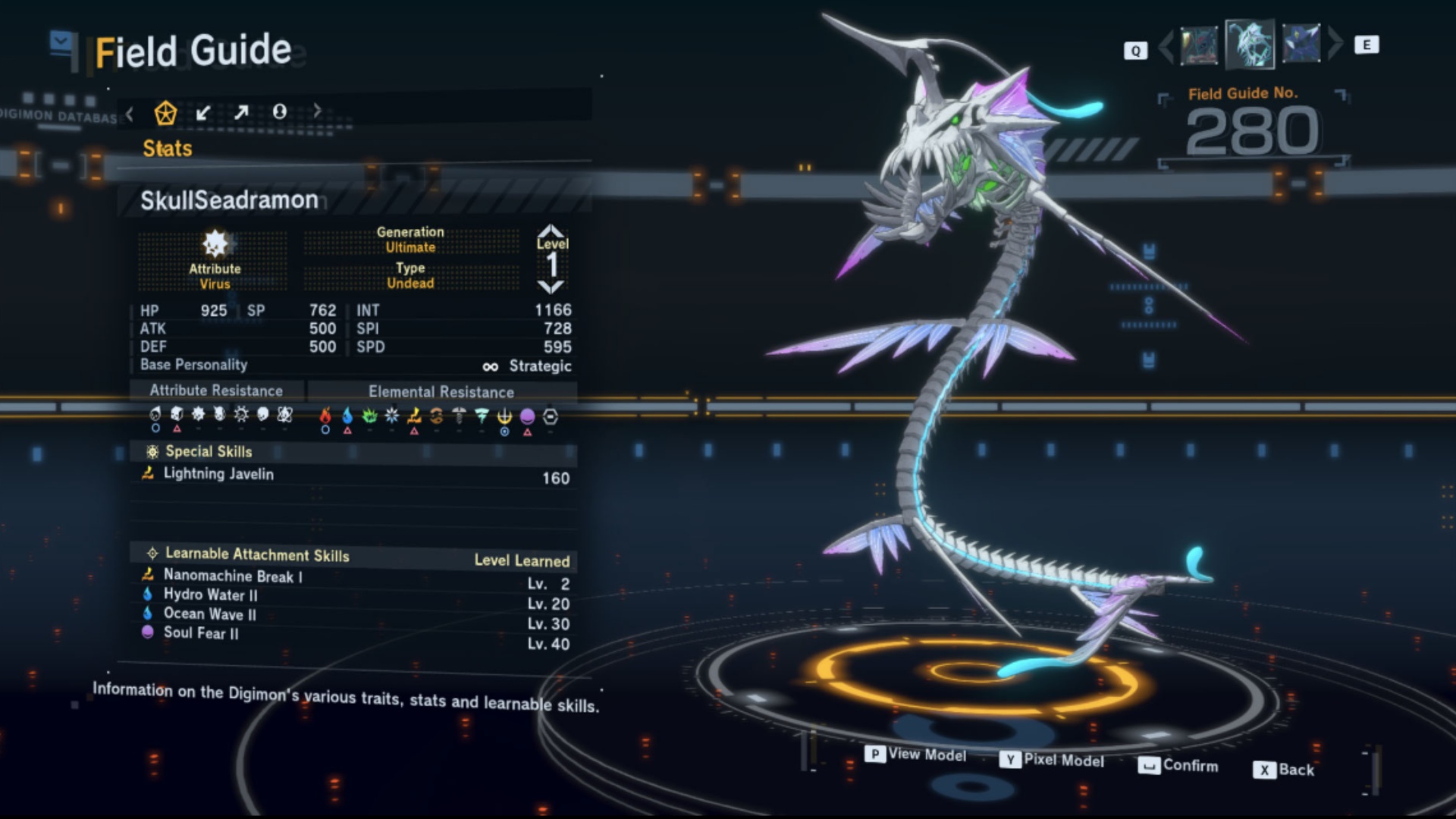 Stats of SkullSeadramon (Image via Bandai Namco Entertainment)